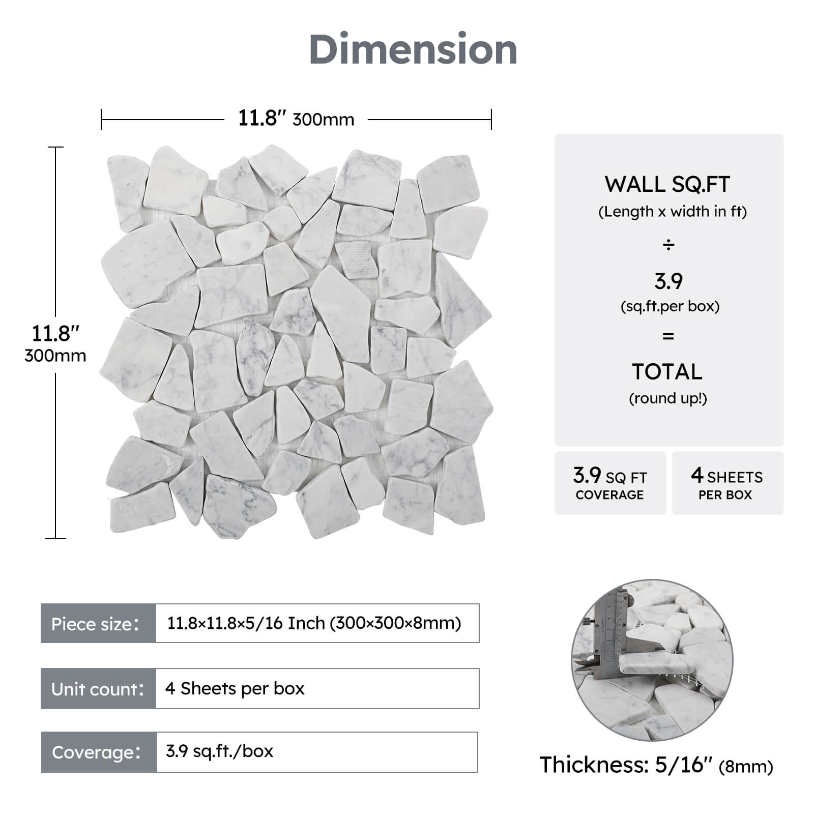 Diflart Stone Pebble Tile for Shower Floor, Carrara White Random, 4 Sheets