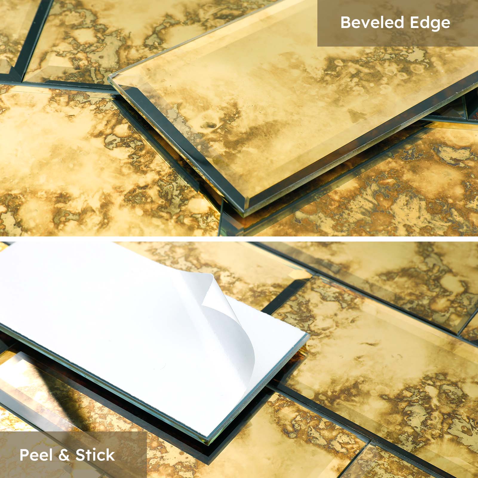 Diflart Peel and Stick Mirror Backsplash, Gold Antique, 3x6 Inch, Beveled Mirror Tiles for Kitchen Bar Accent Wall Tile