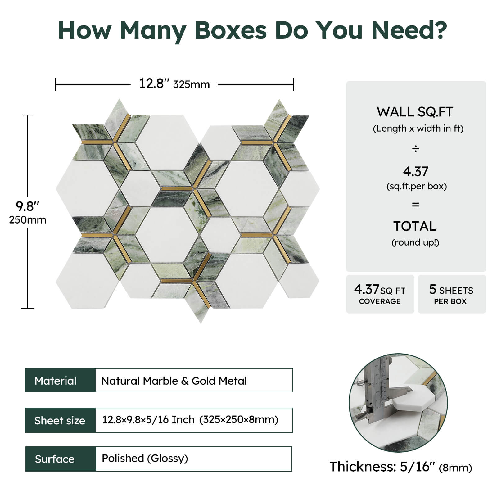 Diflart Marble Mosaic Tile, Carrara with Thassos White Inlay Gold Metal, Polished, Marble Backsplash Tiles for Kitchen Bathroom Wall Floor, Pack of 5 Sheets