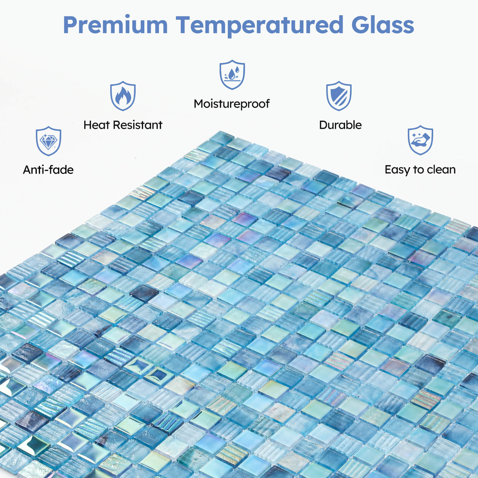 Pool Glass Mosaic Tiles, Iridescent Aqua, 1 Inch Sqaure, 5 Sheets Glass Tile for Swimming Pool, Kitchen Backsplash, Shower, Bathroom Wall, Waterline, Fountain