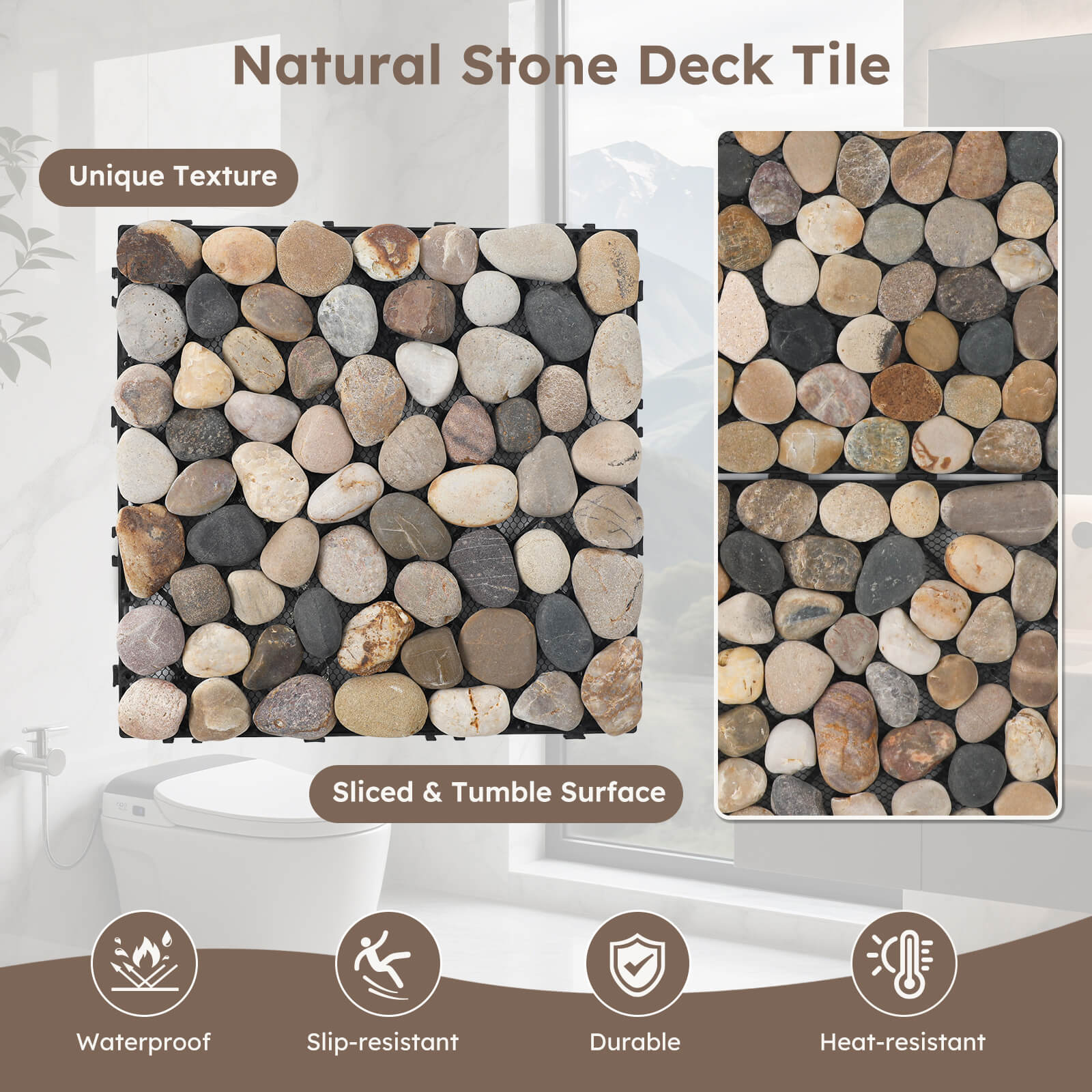 G98N Diflart Natural Pebble Deck Tiles for Floor, River Rock Oval, 4 Sheets, Outdoor Interlocking Stone Pebble Mosaic Tile for Patio, Terrace, Garden