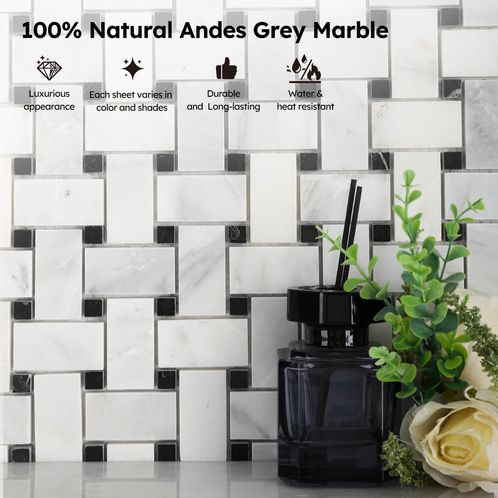 Diflart Natural Marble Mosaic Tile Polished, 1x2 Inch Basketweave, 5 Sheets