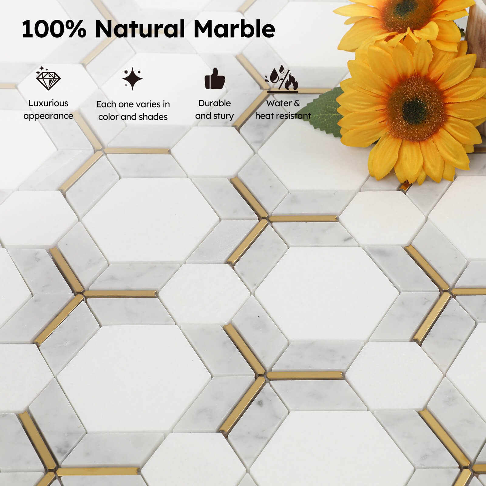 Diflart Marble Mosaic Tile, Cloud Jade with Thassos White Inlay Gold Metal, Polished, Marble Backsplash Tiles for Kitchen Bathroom Wall Floor, Pack of 5 Sheets