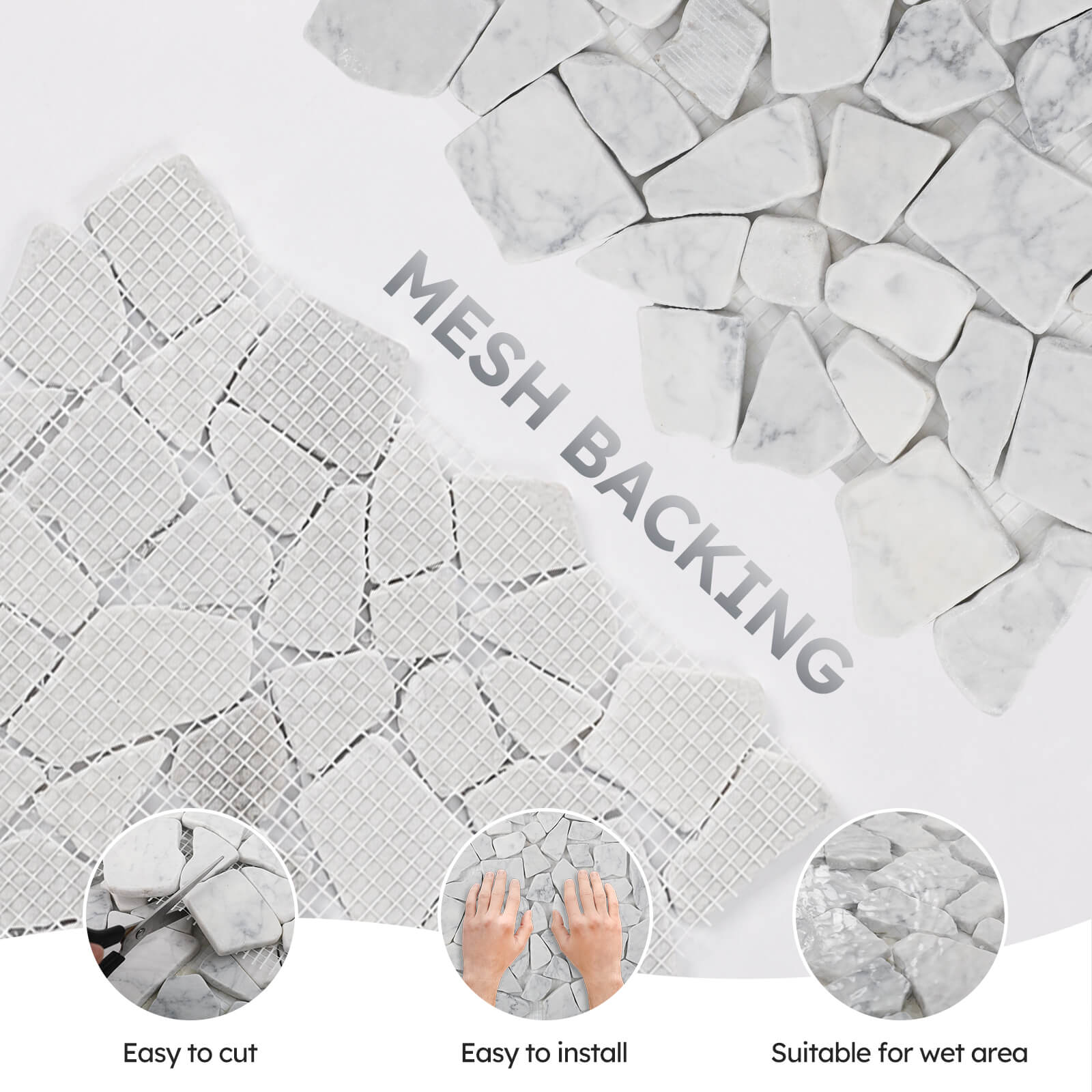 Diflart Stone Pebble Tile for Shower Floor, Carrara White Random, 4 Sheets