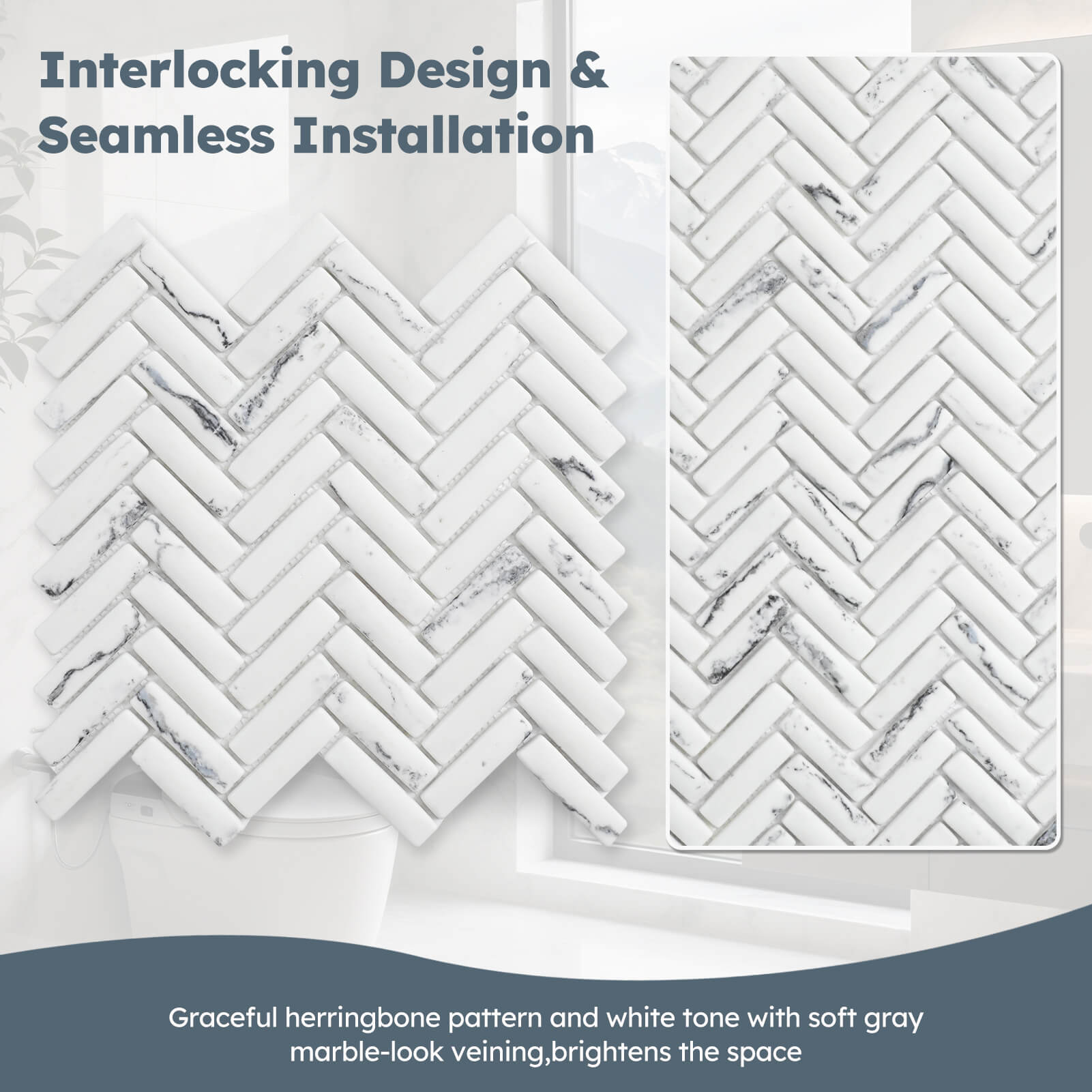 Diflart Glass Tiles Backsplash for Kitchen, White Herringbone, Recycled Glass Marble Stone Looks for Bathroom, Shower Wall and Floor Tile, Pack of 5 Sheets