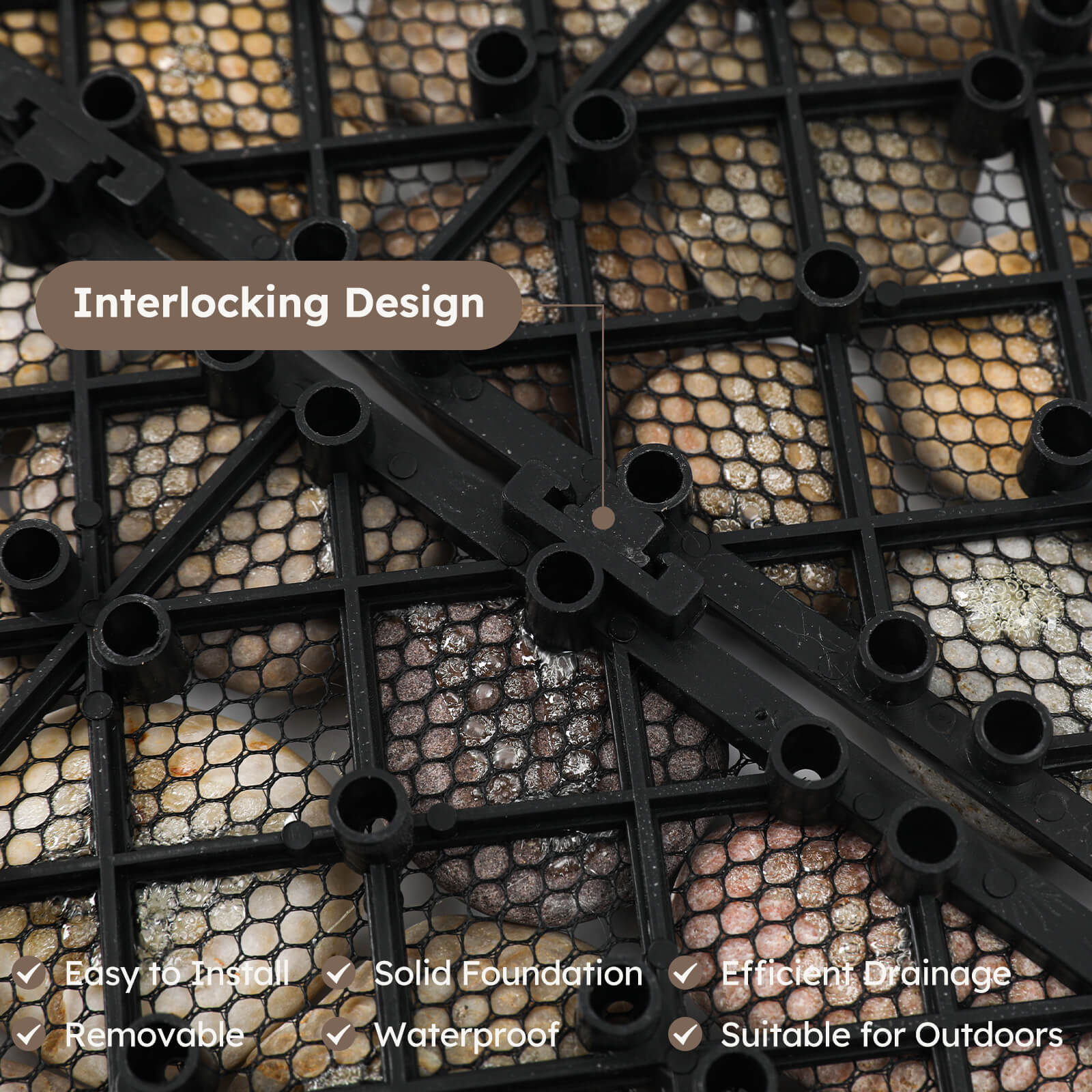 G98N Diflart Natural Pebble Deck Tiles for Floor, River Rock Oval, 4 Sheets, Outdoor Interlocking Stone Pebble Mosaic Tile for Patio, Terrace, Garden