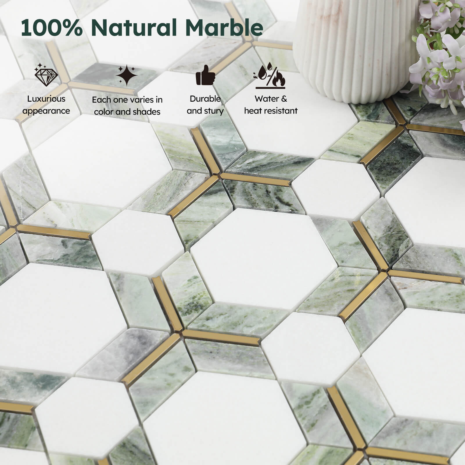 Diflart Marble Mosaic Tile, Carrara with Thassos White Inlay Gold Metal, Polished, Marble Backsplash Tiles for Kitchen Bathroom Wall Floor, Pack of 5 Sheets