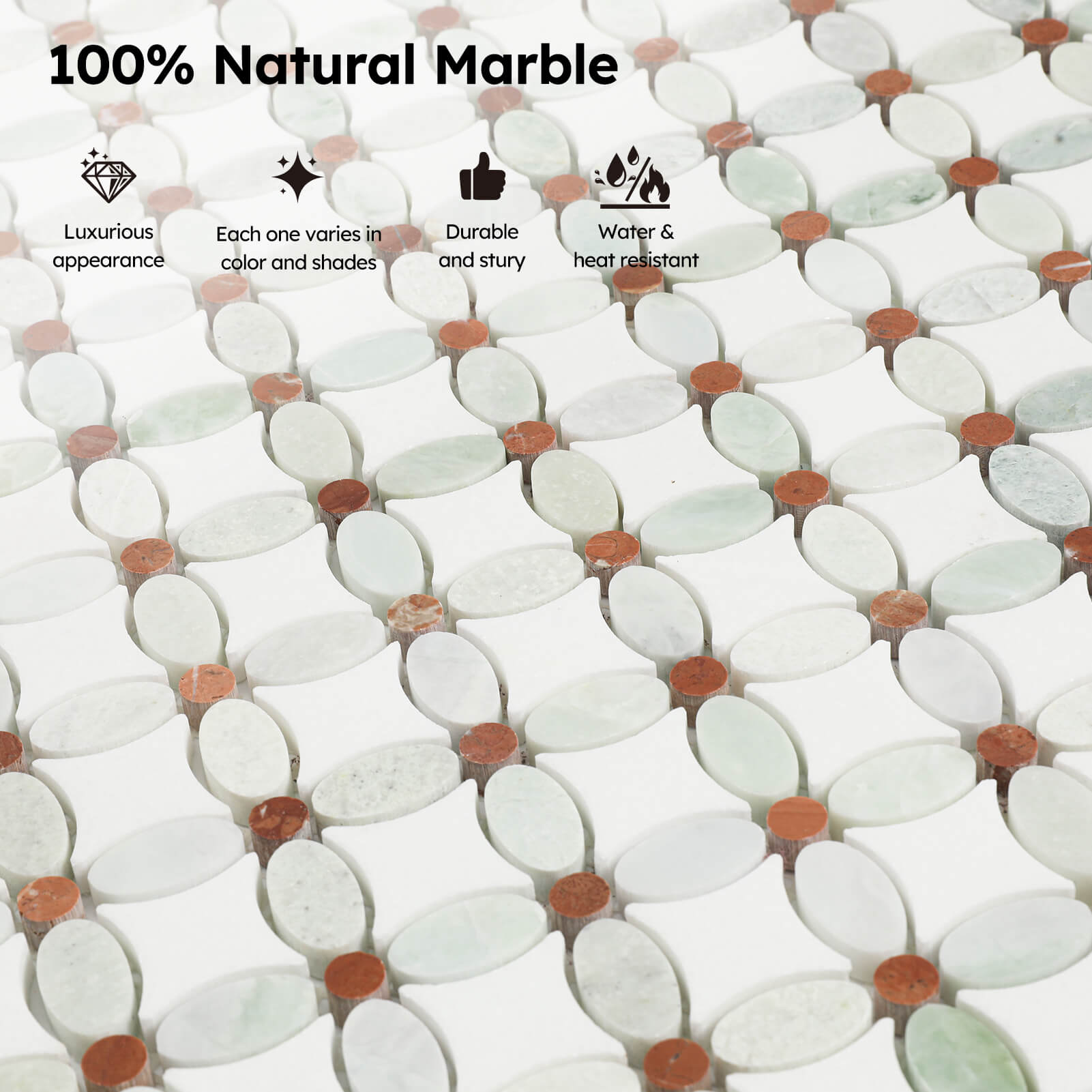 Natural Marble Mosaic Tile, 1.8x1.8 Inch Flower Pattern, Polished, Thassos White Ming Green Red Dots Marble Backsplash Tile for Kitchen Bathroom Wall Floor, Pack of 5 Sheets
