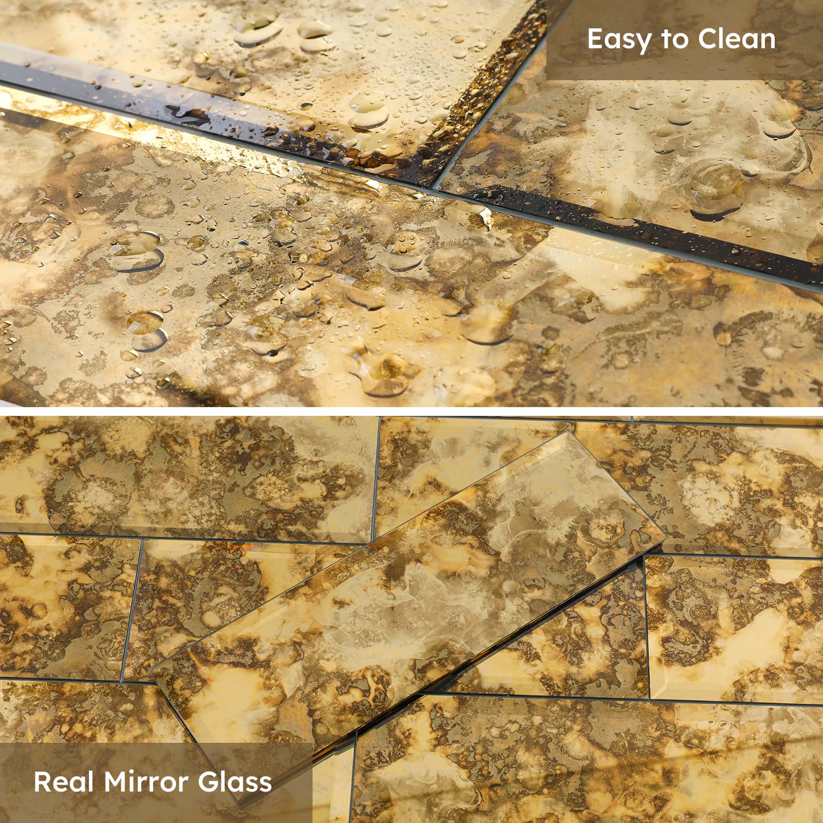 Diflart Peel and Stick Mirror Backsplash, Gold Antique, 4x12 Inch, Beveled Mirror Tiles for Kitchen Bar Accent Wall Tile