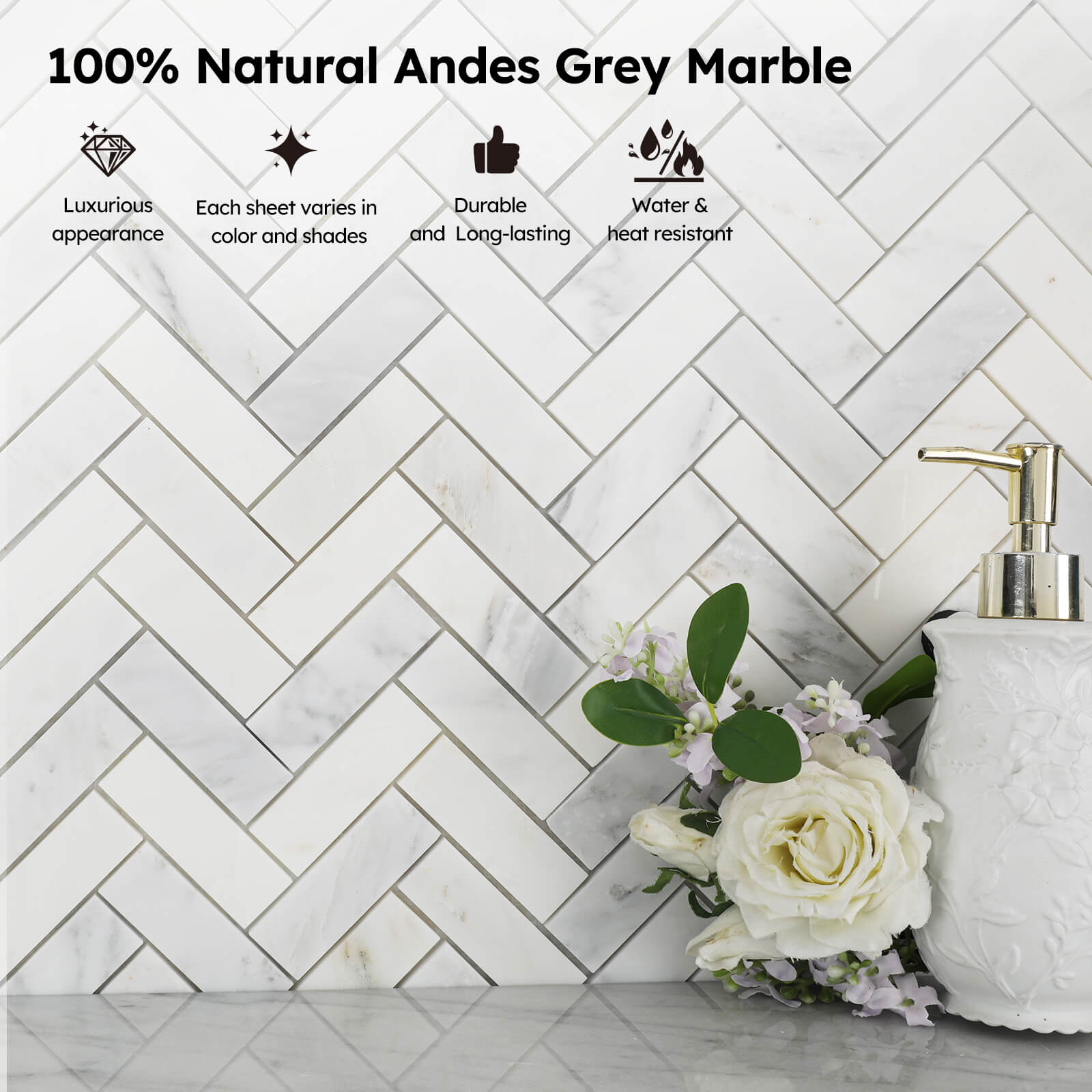 Diflart Natural Marble Mosaic Tile Polished, 1x3 Inch Herringbone, 5 Sheets