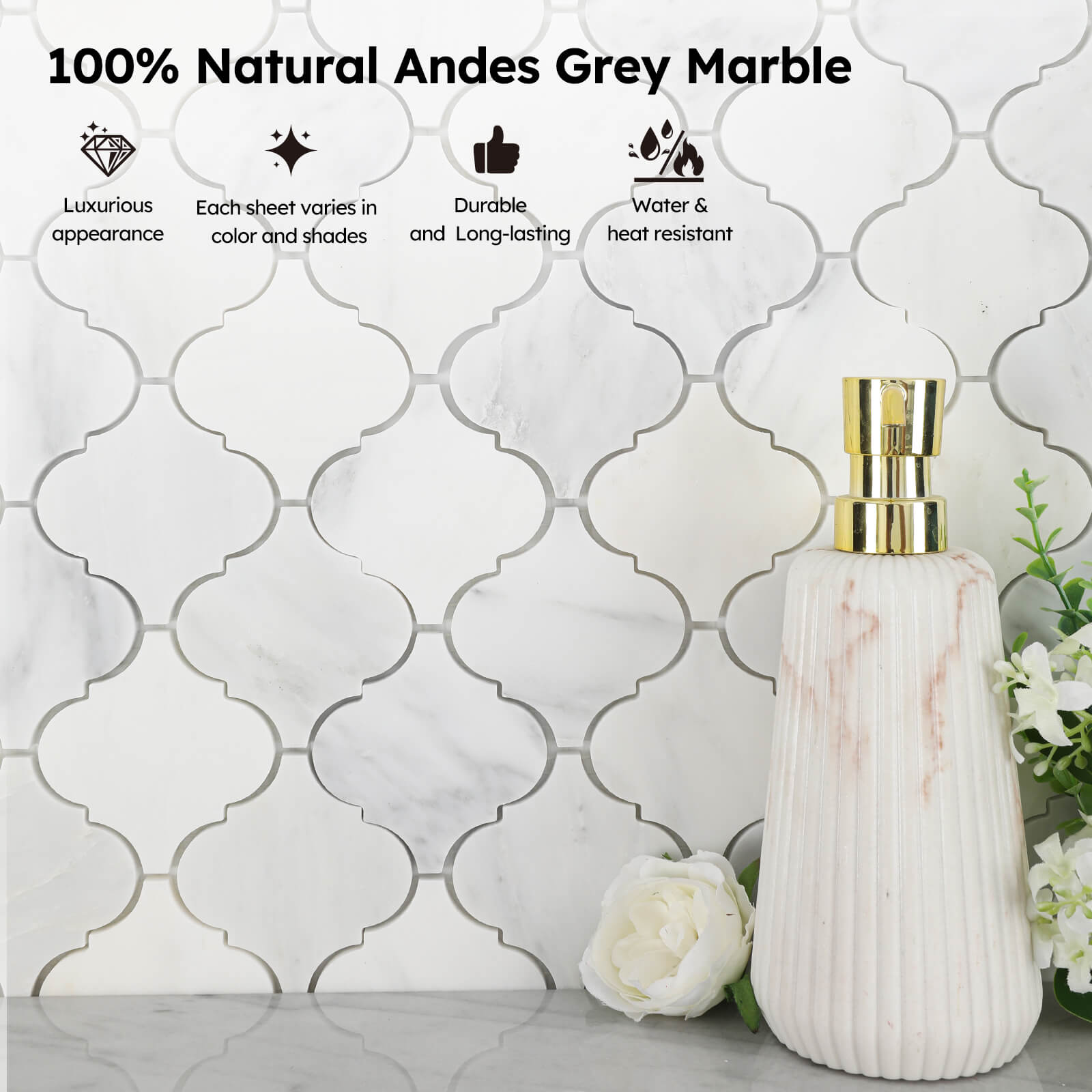 Diflart Natural Marble Mosaic Tile Polished, 3 Inch Arabesque, 5 Sheets
