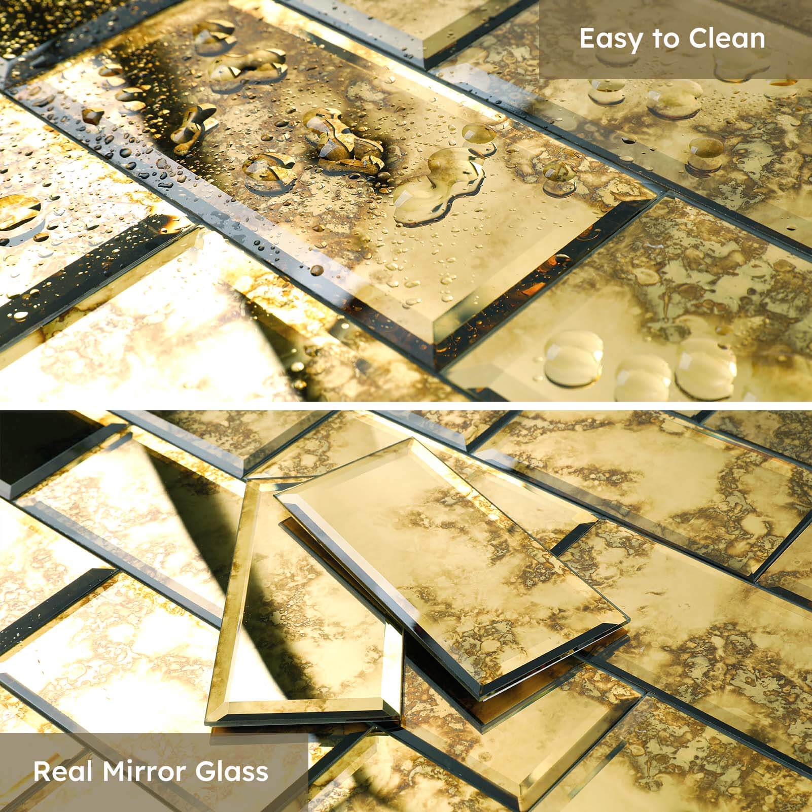 Diflart Peel and Stick Mirror Backsplash, Gold Antique, 3x6 Inch, Beveled Mirror Tiles for Kitchen Bar Accent Wall Tile