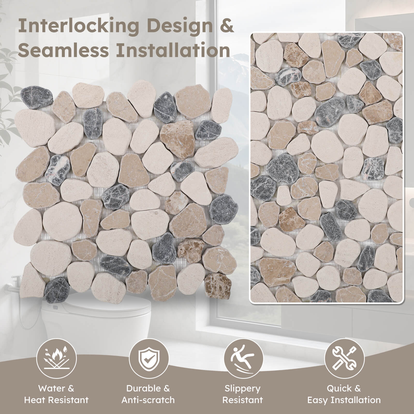 Diflart Stone Pebble Tile for Shower Floor, Sea Sand Random, 4 Sheets