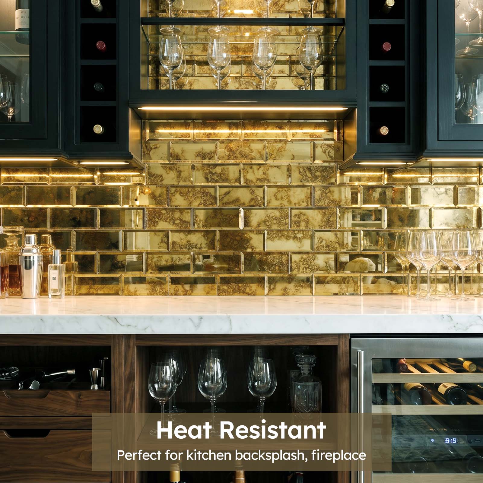 Diflart Peel and Stick Mirror Backsplash, Gold Antique, 3x6 Inch, Beveled Mirror Tiles for Kitchen Bar Accent Wall Tile