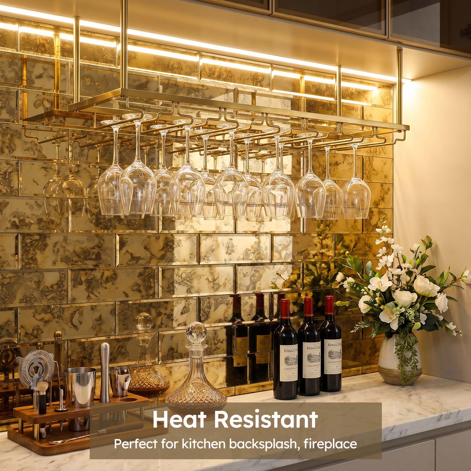 Diflart Peel and Stick Mirror Backsplash, Gold Antique, 4x12 Inch, Beveled Mirror Tiles for Kitchen Bar Accent Wall Tile
