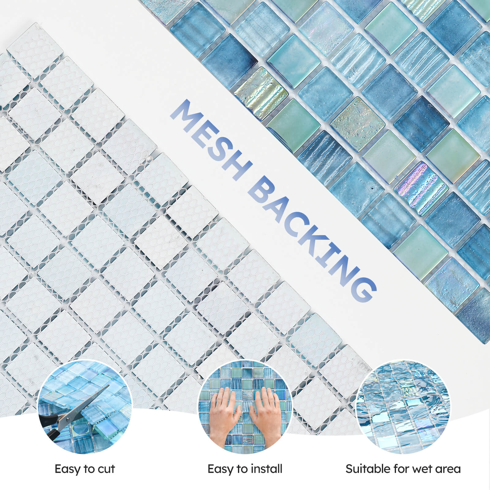 Pool Glass Mosaic Tiles, Iridescent Aqua, 1 Inch Sqaure, 5 Sheets Glass Tile for Swimming Pool, Kitchen Backsplash, Shower, Bathroom Wall, Waterline, Fountain