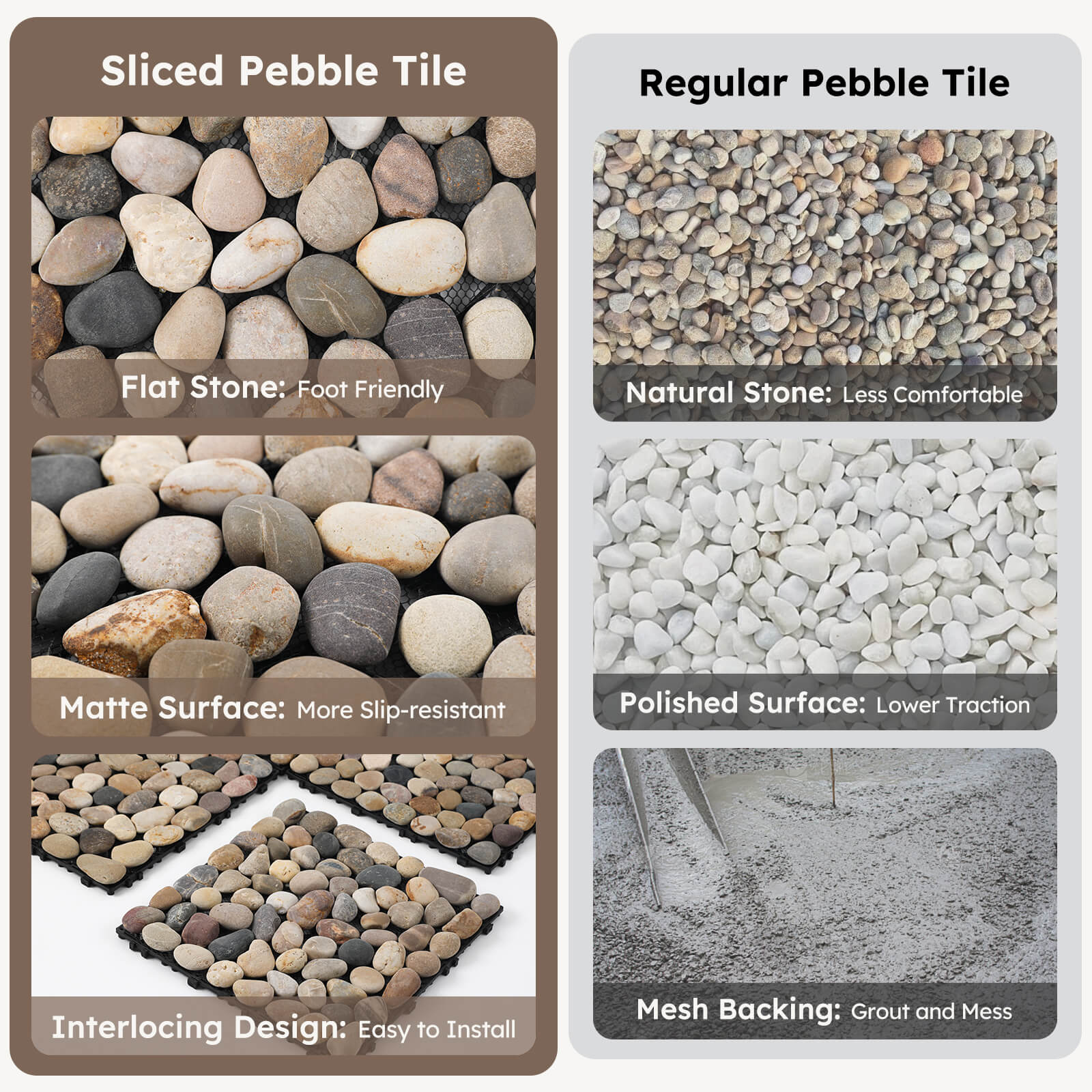 G98N Diflart Natural Pebble Deck Tiles for Floor, River Rock Oval, 4 Sheets, Outdoor Interlocking Stone Pebble Mosaic Tile for Patio, Terrace, Garden