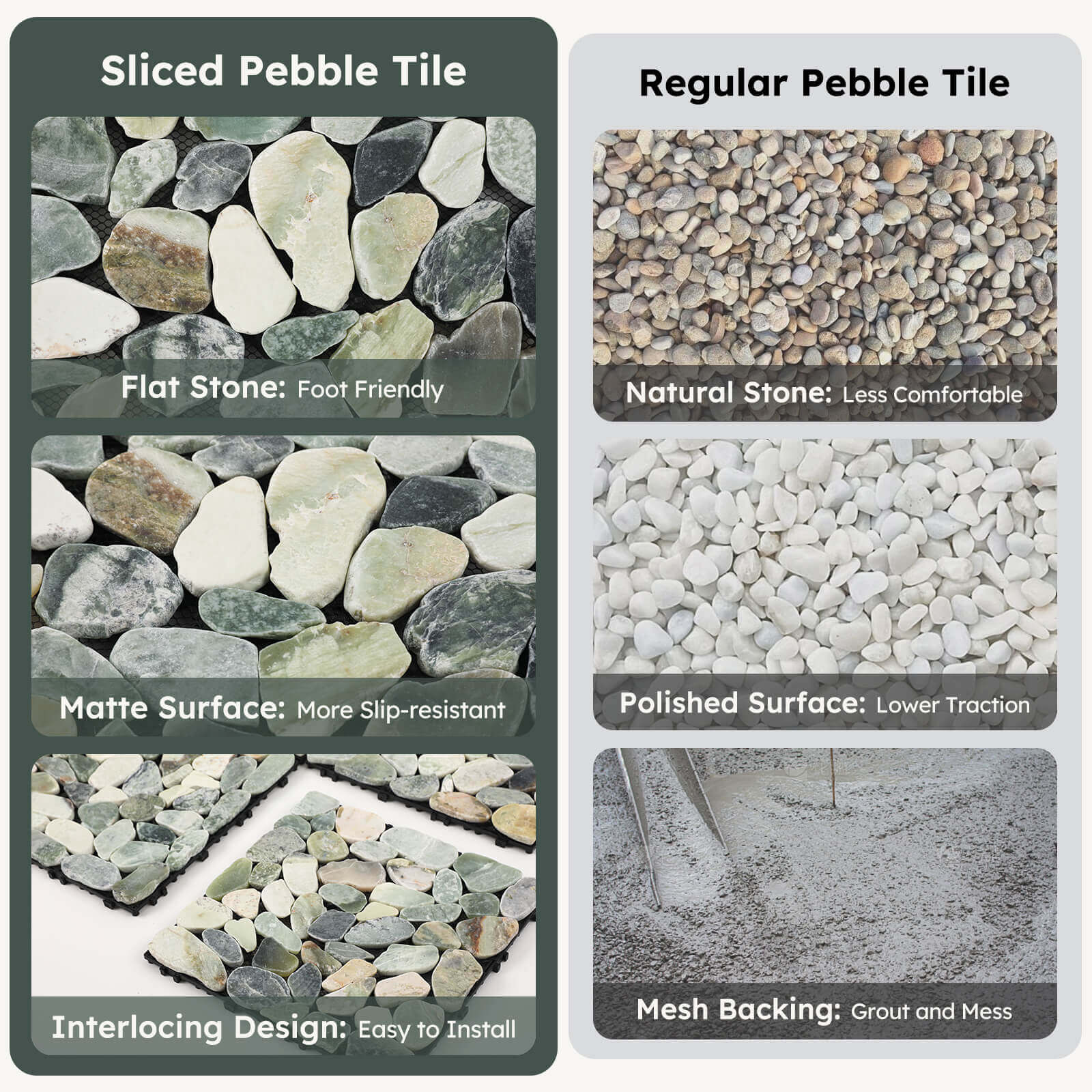 Diflart Natural Pebble Deck Tiles for Floor, Ocean Green Oval, 4 Sheets, Outdoor Interlocking Sliced Stone Pebble Mosaic Tile for Patio, Terrace, Garden