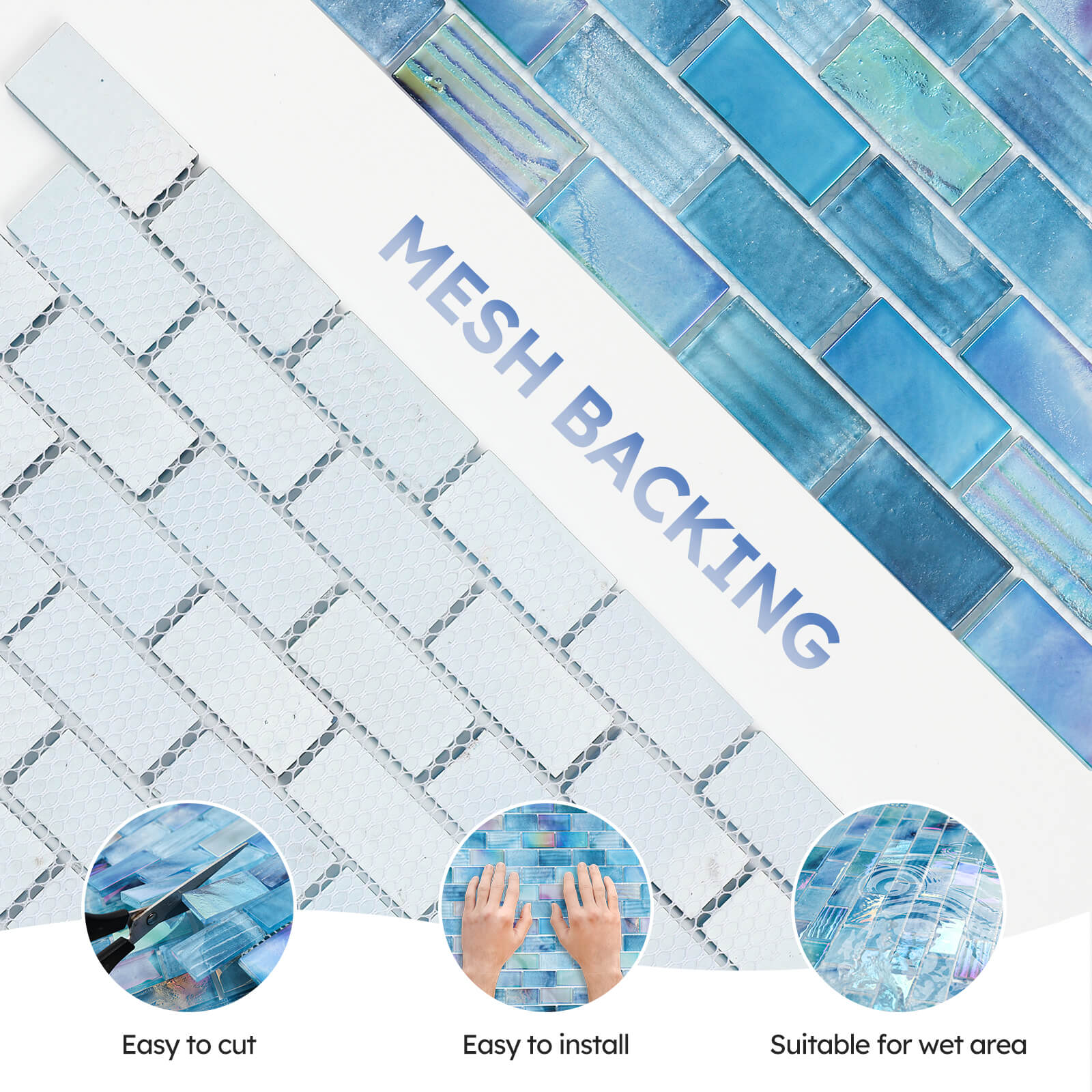 Pool Glass Mosaic Tiles, Iridescent Aqua, 1x2 Inch Brick, 5 Sheets Glass Tile for Swimming Pool, Kitchen Backsplash, Shower, Bathroom Wall, Waterline, Fountain