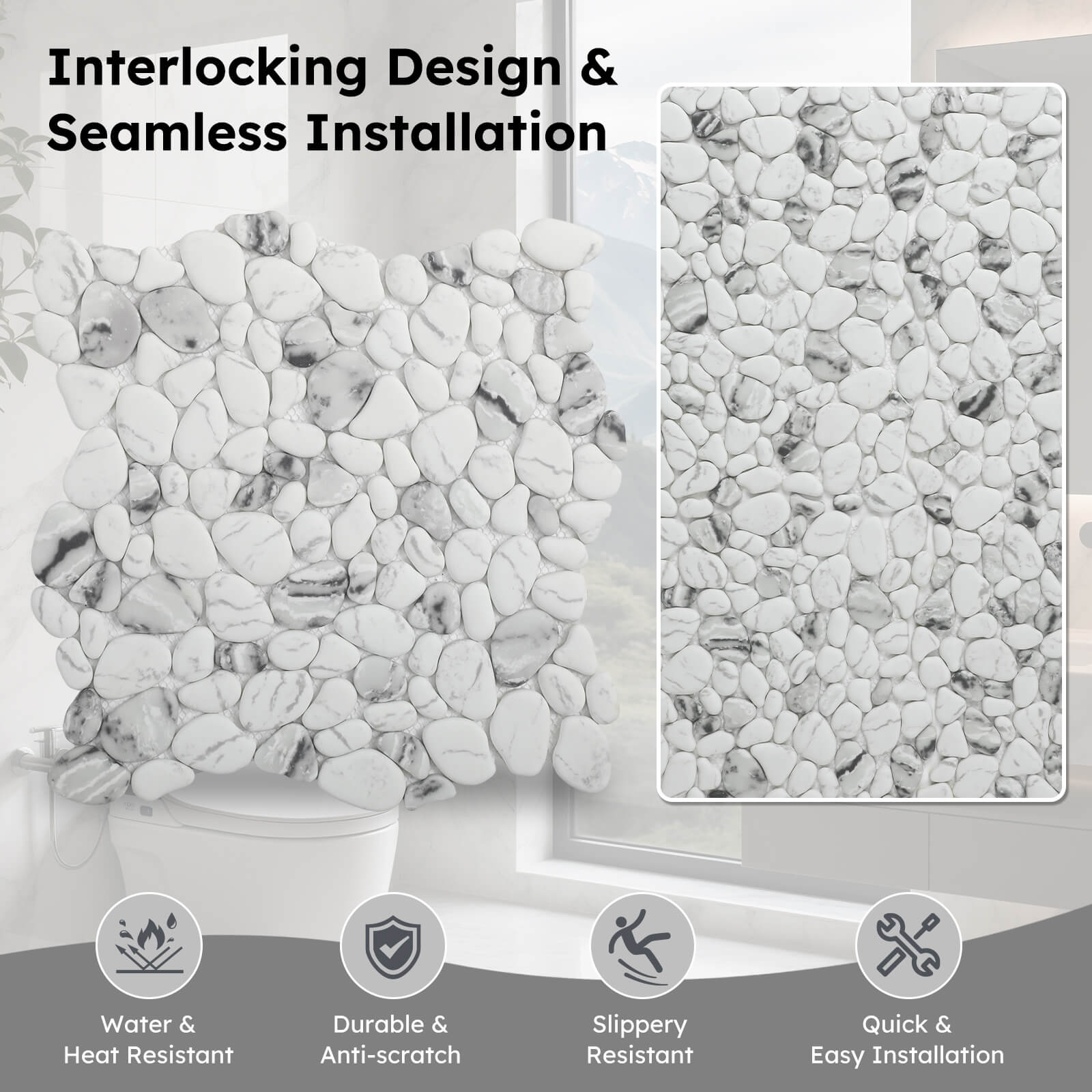 Diflart Pebble Tile for Shower Floor, White with Gray Marble Veins Oval,Pebble Backsplash for Kitchen Bathroom Wall and Floor Tile