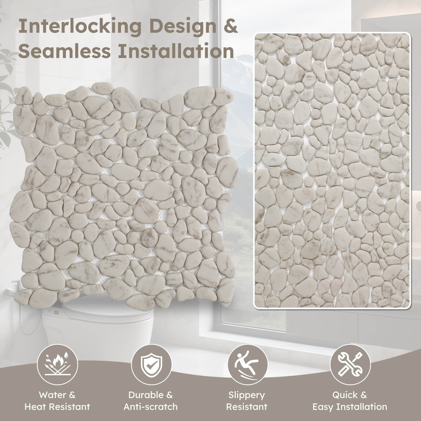 Diflart Pebble Tile for Shower Floor, Beige Marble Veins Oval,Pebble Backsplash for Kitchen Bathroom Wall and Floor Tile
