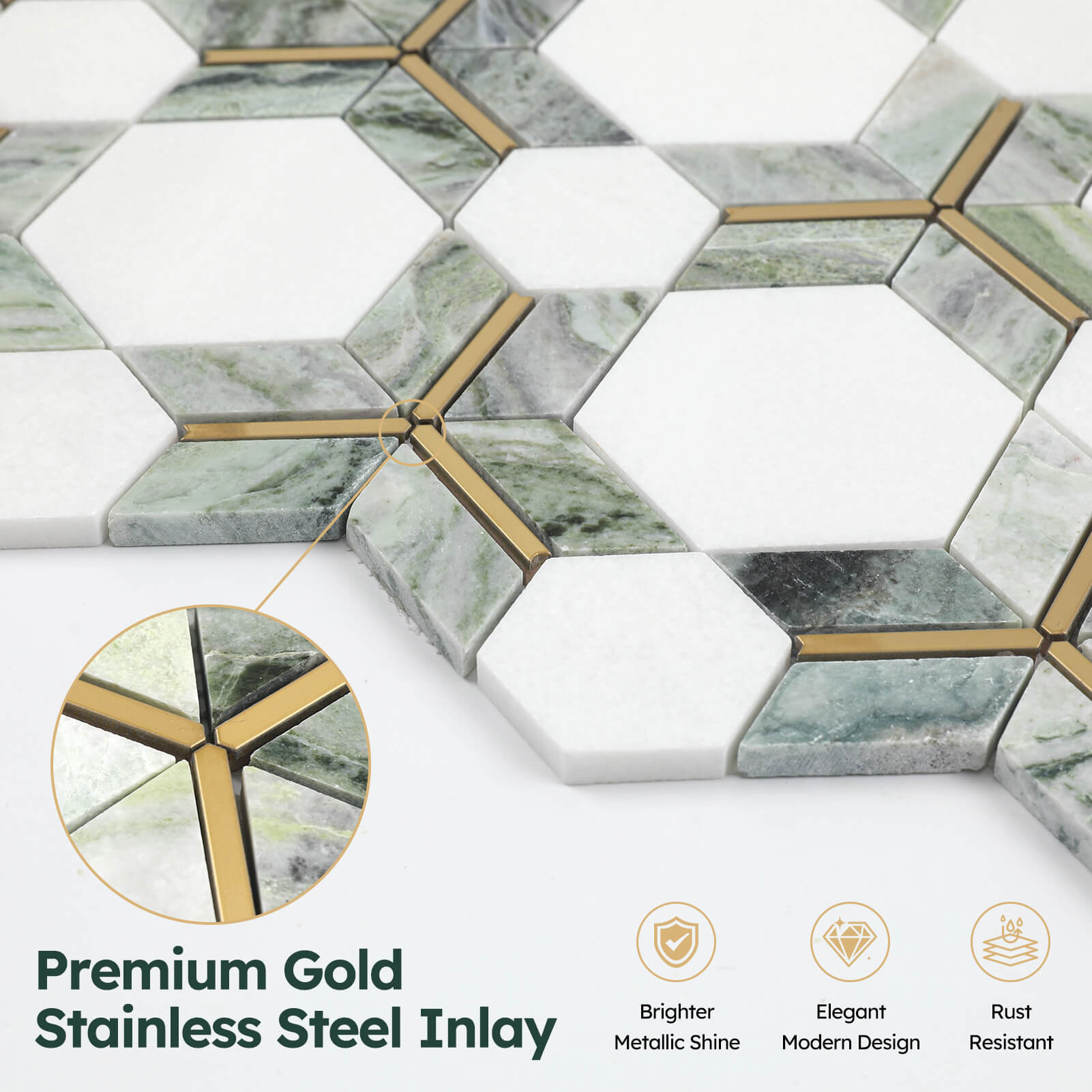 Diflart Marble Mosaic Tile, Carrara with Thassos White Inlay Gold Metal, Polished, Marble Backsplash Tiles for Kitchen Bathroom Wall Floor, Pack of 5 Sheets