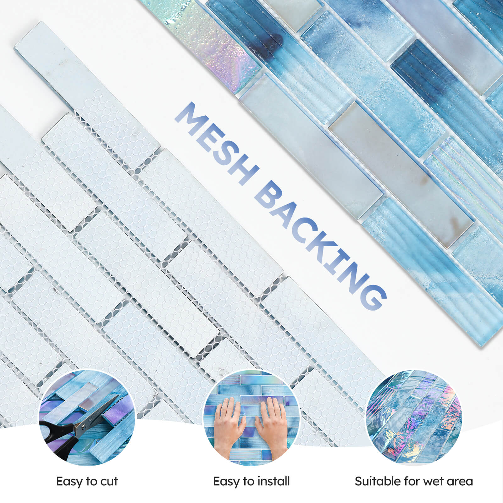Pool Glass Mosaic Tiles, Iridescent Aqua, 1x4 Inch Brick, 5 Sheets Glass Tile for Swimming Pool, Kitchen Backsplash, Shower, Bathroom Wall, Waterline, Fountain