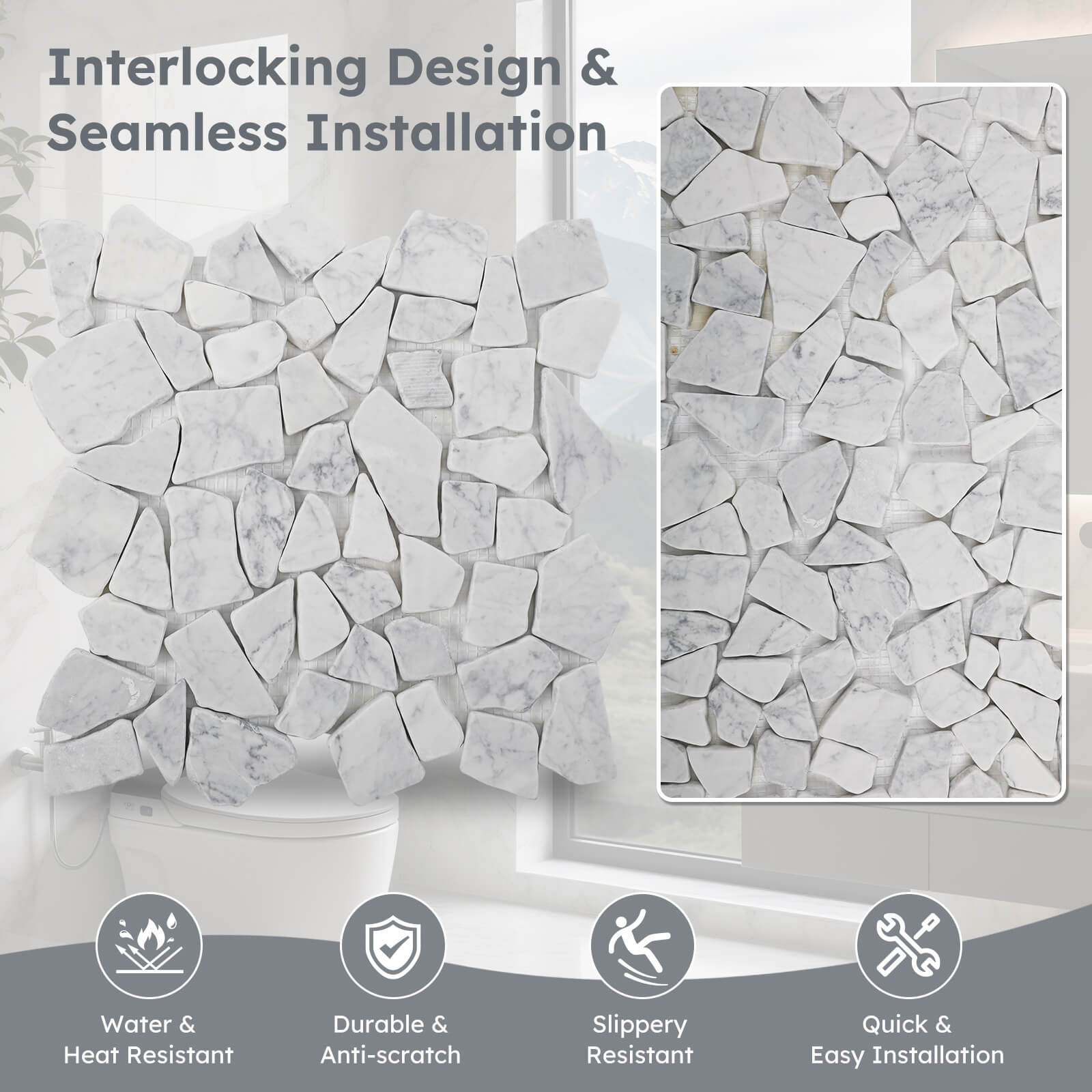 Diflart Stone Pebble Tile for Shower Floor, Carrara White Random, 4 Sheets