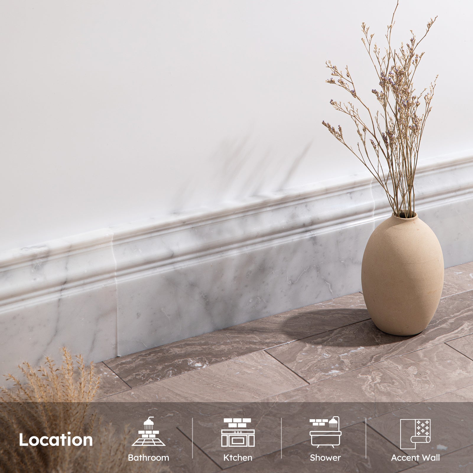 Diflart Carrara White Marble Baseboard Molding Trim, 5x12 Inch, Polished, Bianco Italian Carrera Skirting Base Moulding for Bathroom Wall and Kitchen Backsplash, 4 Pcs (Crown)