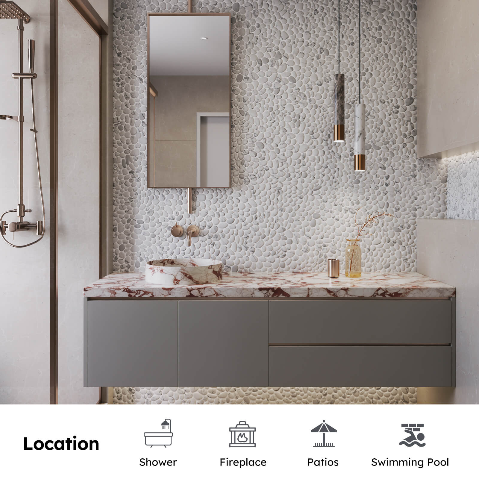 Diflart Pebble Tile for Shower Floor, White with Gray Marble Veins Oval,Pebble Backsplash for Kitchen Bathroom Wall and Floor Tile
