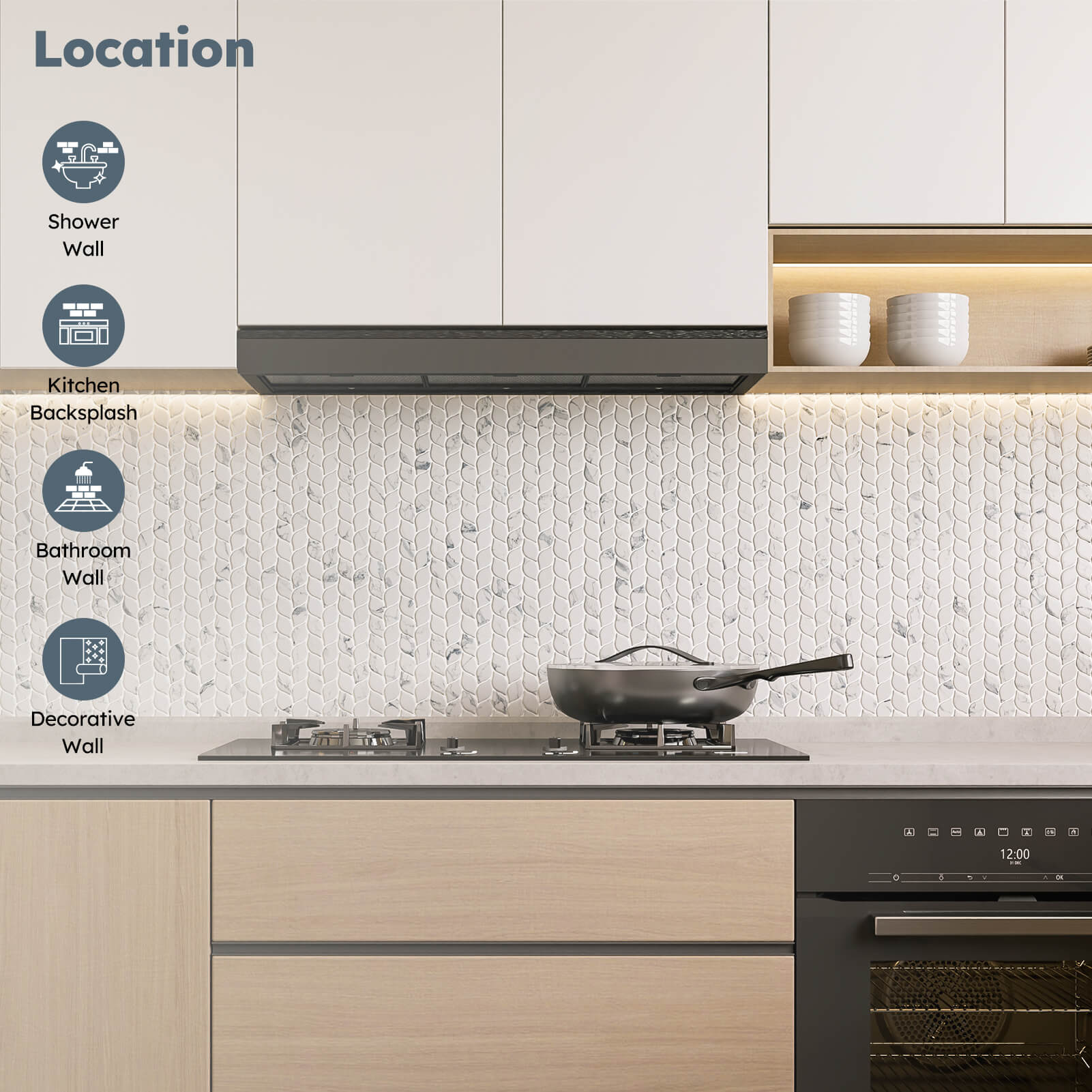Diflart Glass Tiles Backsplash for Kitchen, White Leaf, Recycled Glass Marble Stone Looks for Bathroom, Shower Wall and Floor Tile, Pack of 5 Sheets