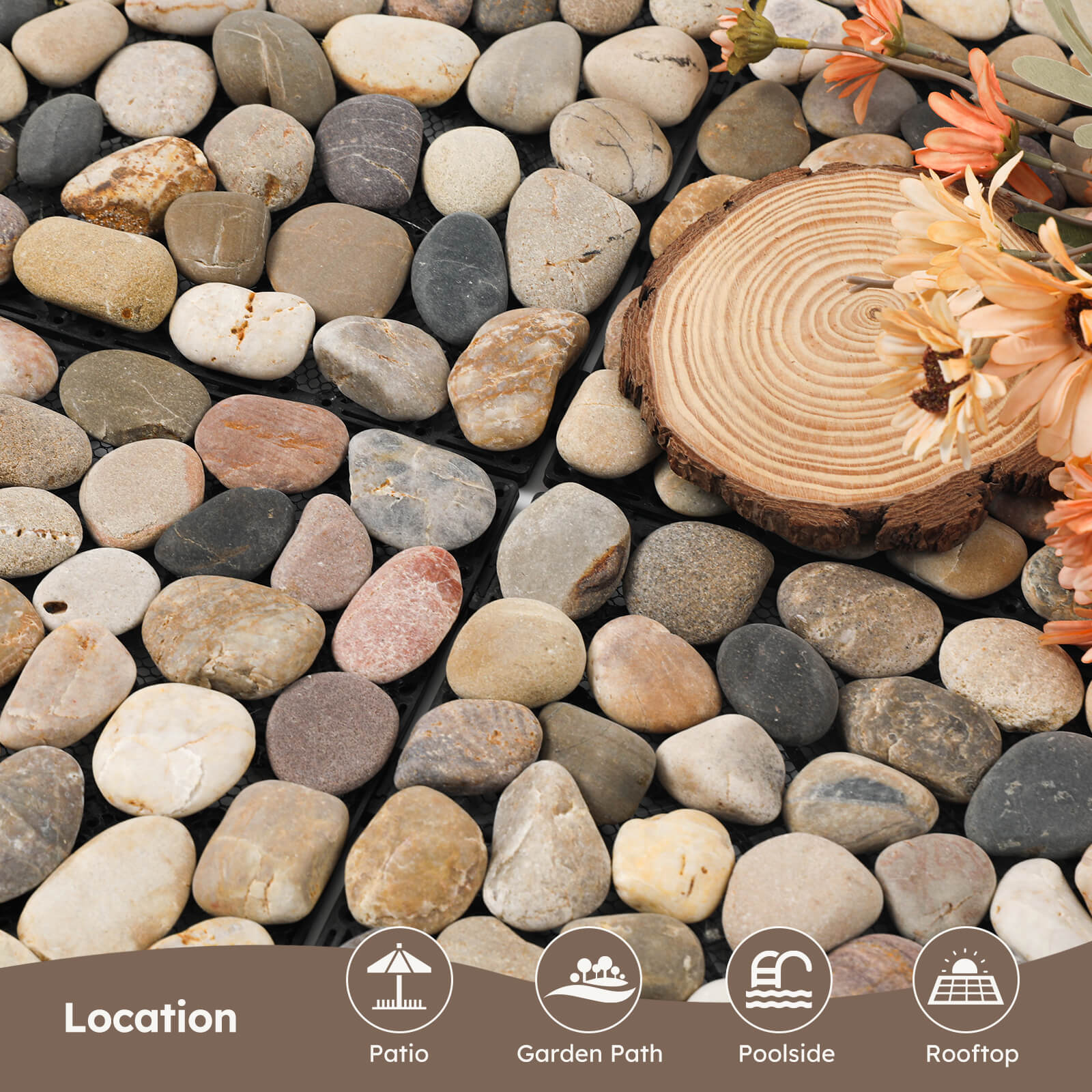 G98N Diflart Natural Pebble Deck Tiles for Floor, River Rock Oval, 4 Sheets, Outdoor Interlocking Stone Pebble Mosaic Tile for Patio, Terrace, Garden