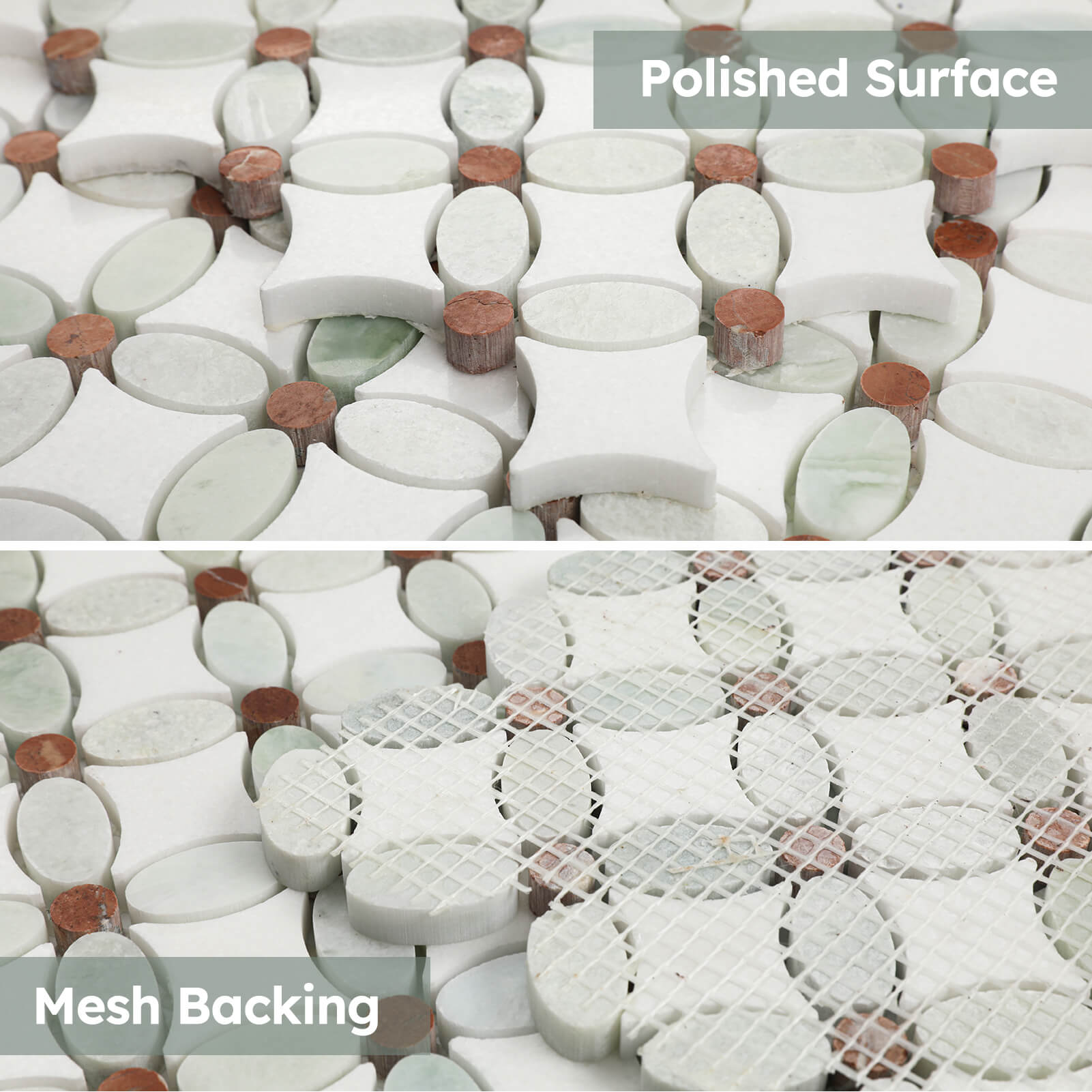 Natural Marble Mosaic Tile, 1.8x1.8 Inch Flower Pattern, Polished, Thassos White Ming Green Red Dots Marble Backsplash Tile for Kitchen Bathroom Wall Floor, Pack of 5 Sheets