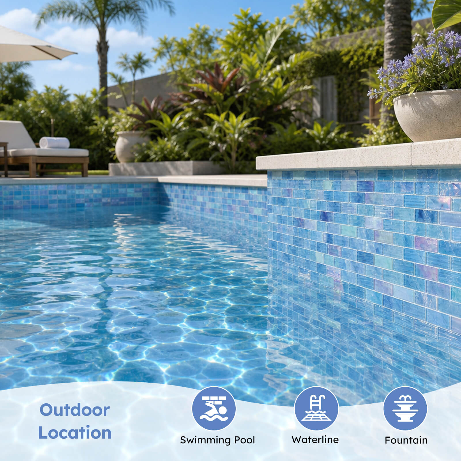 Pool Glass Mosaic Tiles, Iridescent Aqua, 1x2 Inch Brick, 5 Sheets Glass Tile for Swimming Pool, Kitchen Backsplash, Shower, Bathroom Wall, Waterline, Fountain