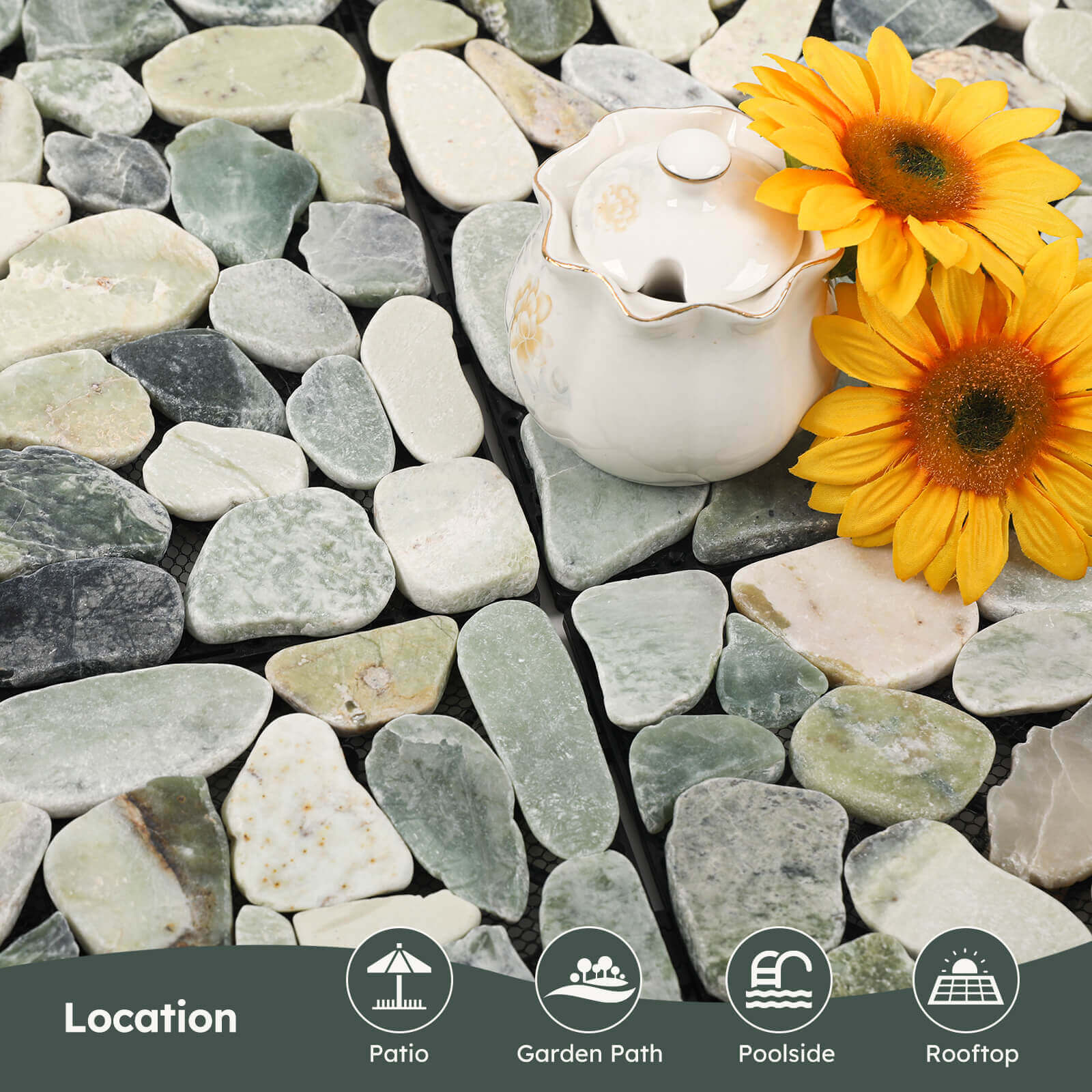 Diflart Natural Pebble Deck Tiles for Floor, Ocean Green Oval, 4 Sheets, Outdoor Interlocking Sliced Stone Pebble Mosaic Tile for Patio, Terrace, Garden