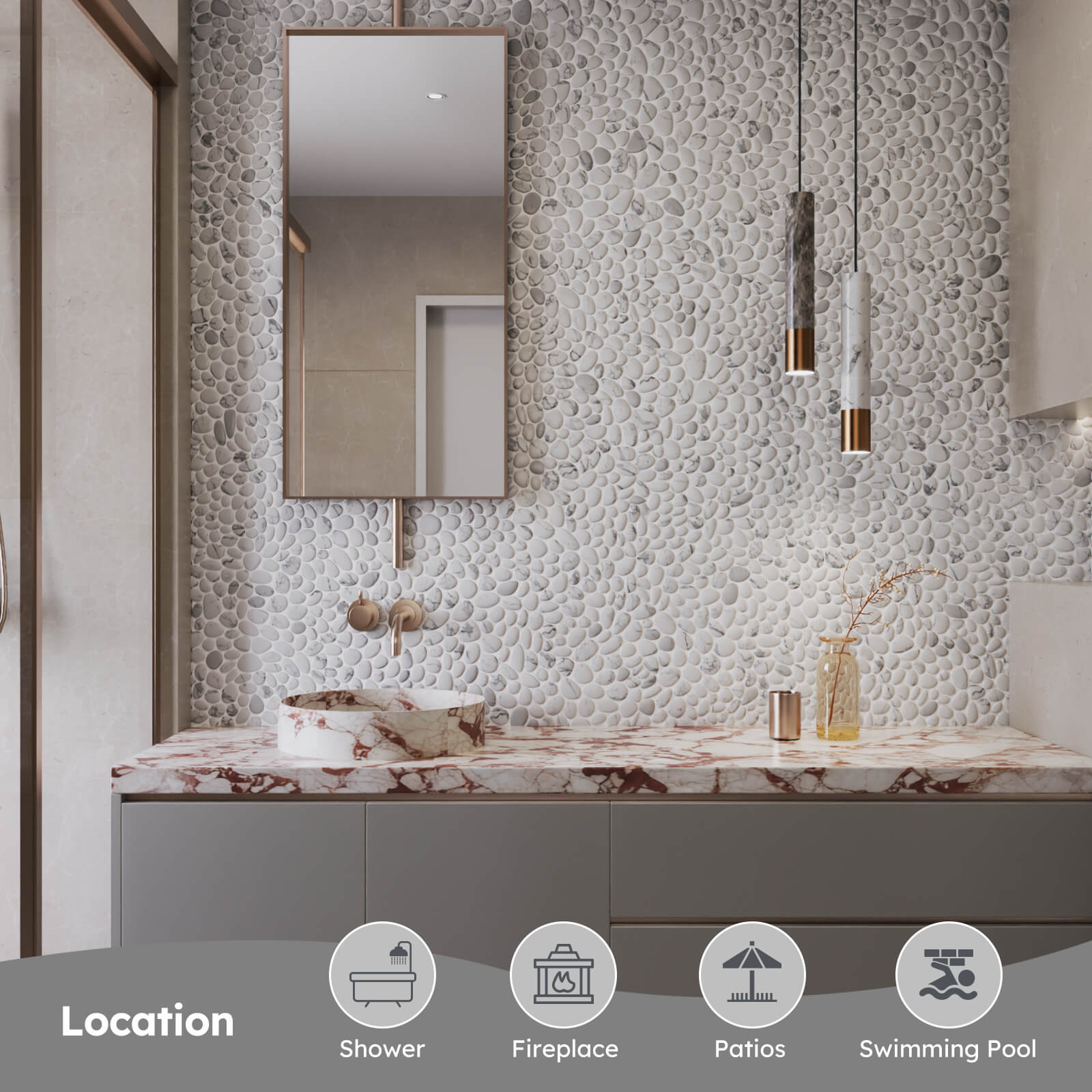 Diflart Pebble Tile for Shower Floor, White with Gray Marble Veins Oval,Pebble Backsplash for Kitchen Bathroom Wall and Floor Tile
