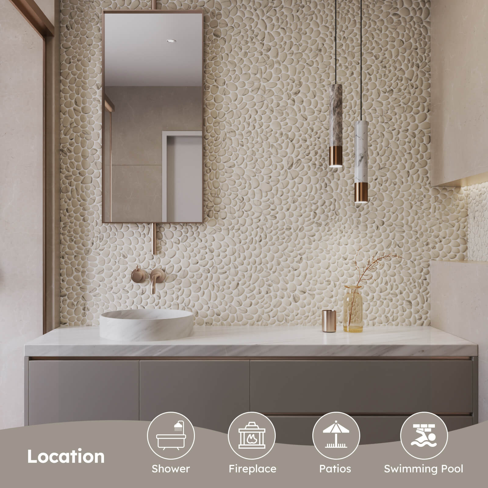 Diflart Pebble Tile for Shower Floor, Beige Marble Veins Oval,Pebble Backsplash for Kitchen Bathroom Wall and Floor Tile