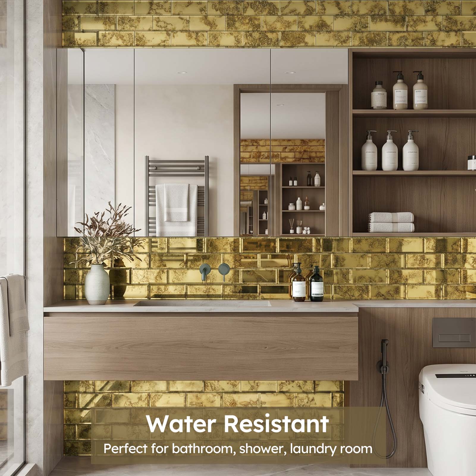 Diflart Peel and Stick Mirror Backsplash, Gold Antique, 3x6 Inch, Beveled Mirror Tiles for Kitchen Bar Accent Wall Tile