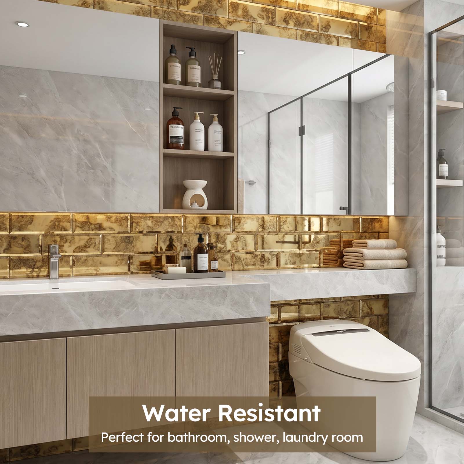 Diflart Peel and Stick Mirror Backsplash, Gold Antique, 4x12 Inch, Beveled Mirror Tiles for Kitchen Bar Accent Wall Tile