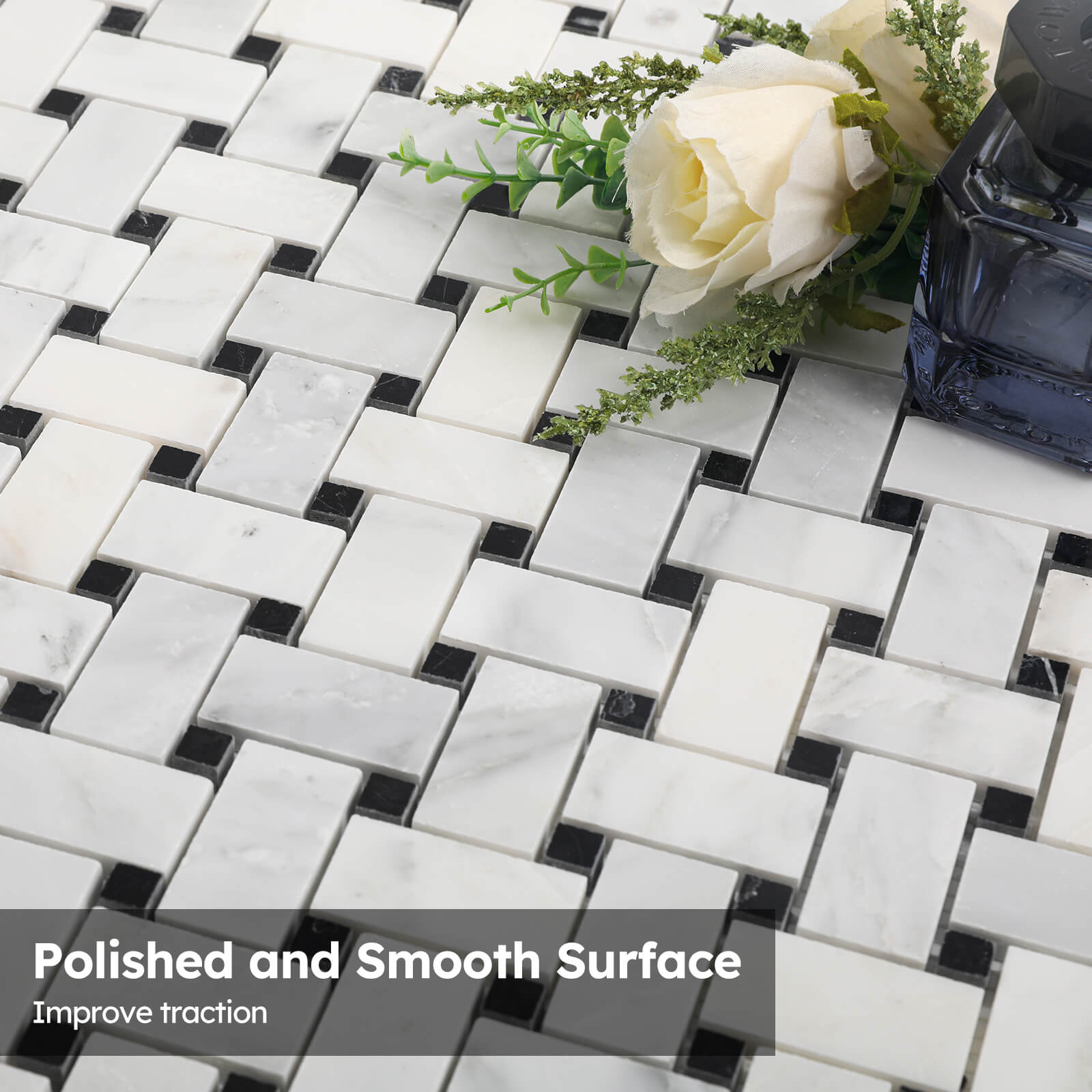 Diflart Natural Marble Mosaic Tile Polished, 1x2 Inch Basketweave, 5 Sheets