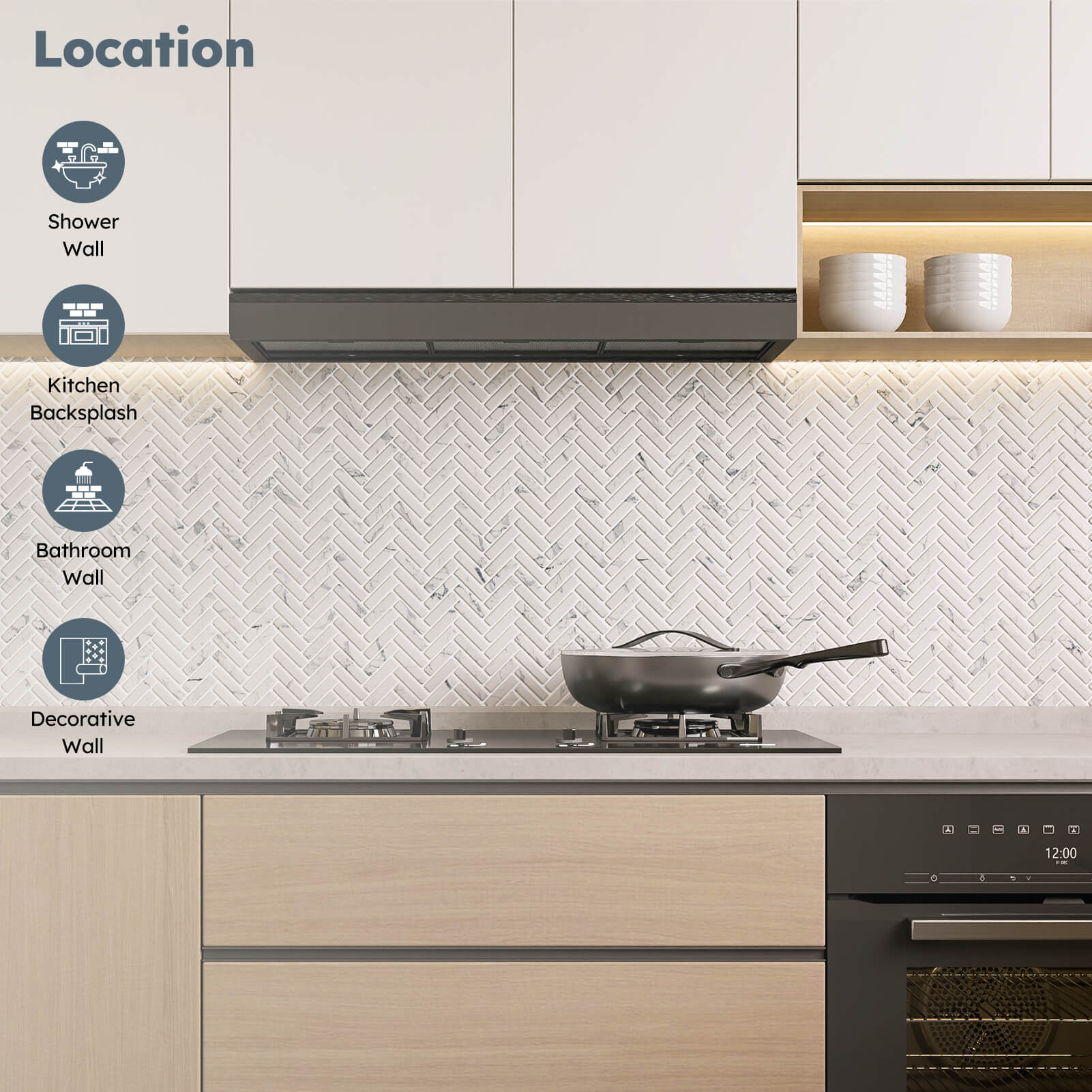 Diflart Glass Tiles Backsplash for Kitchen, White Herringbone, Recycled Glass Marble Stone Looks for Bathroom, Shower Wall and Floor Tile, Pack of 5 Sheets