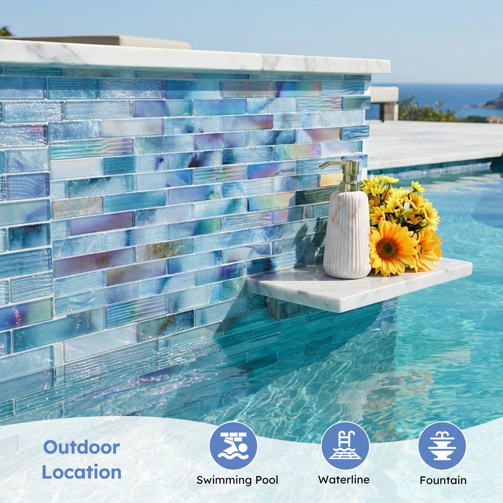 Pool Glass Mosaic Tiles, Iridescent Aqua, 1x4 Inch Brick, 5 Sheets Glass Tile for Swimming Pool, Kitchen Backsplash, Shower, Bathroom Wall, Waterline, Fountain