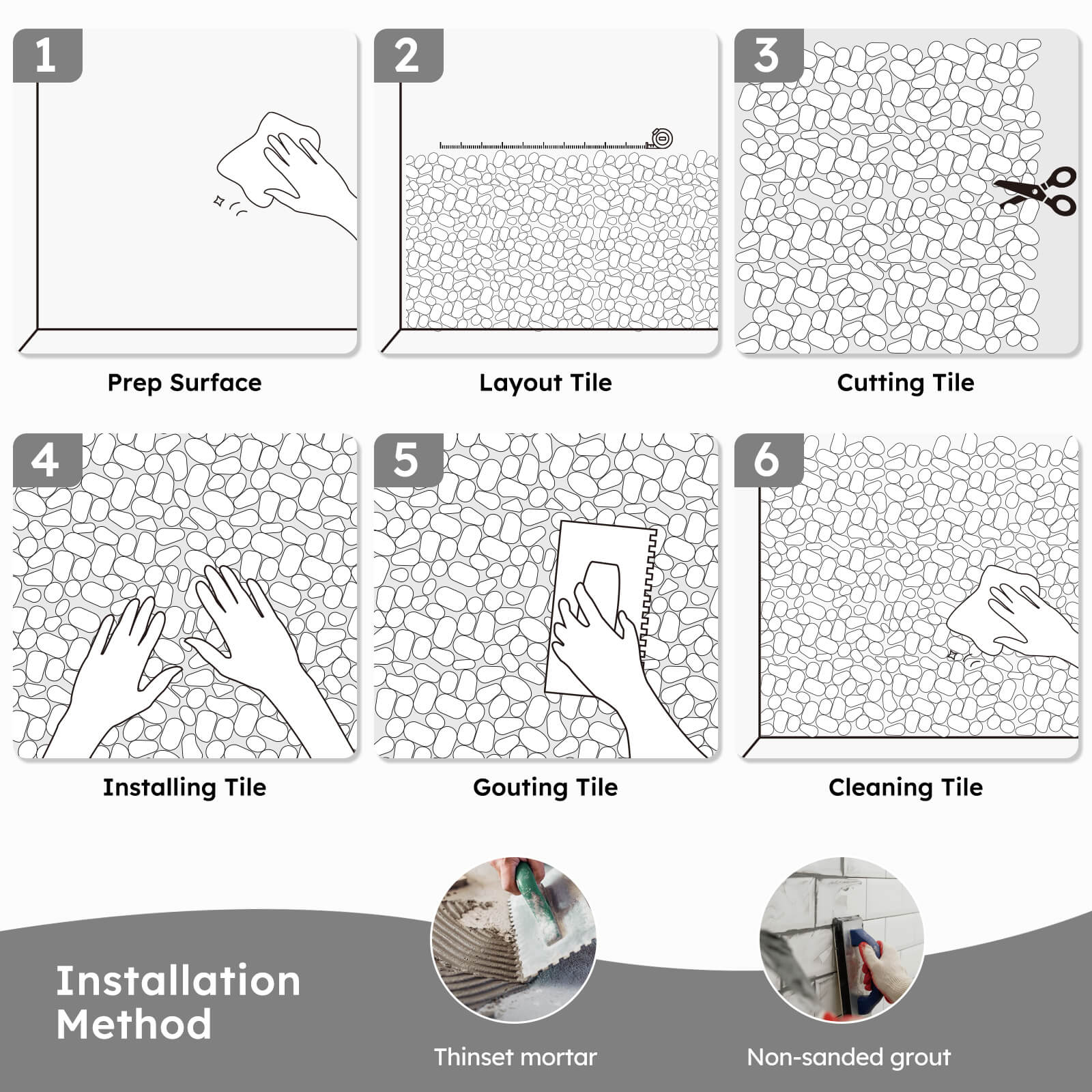 Diflart Pebble Tile for Shower Floor, White with Gray Marble Veins Oval,Pebble Backsplash for Kitchen Bathroom Wall and Floor Tile