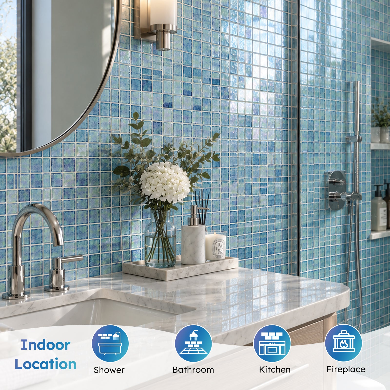 Pool Glass Mosaic Tiles, Iridescent Aqua, 1 Inch Sqaure, 5 Sheets Glass Tile for Swimming Pool, Kitchen Backsplash, Shower, Bathroom Wall, Waterline, Fountain