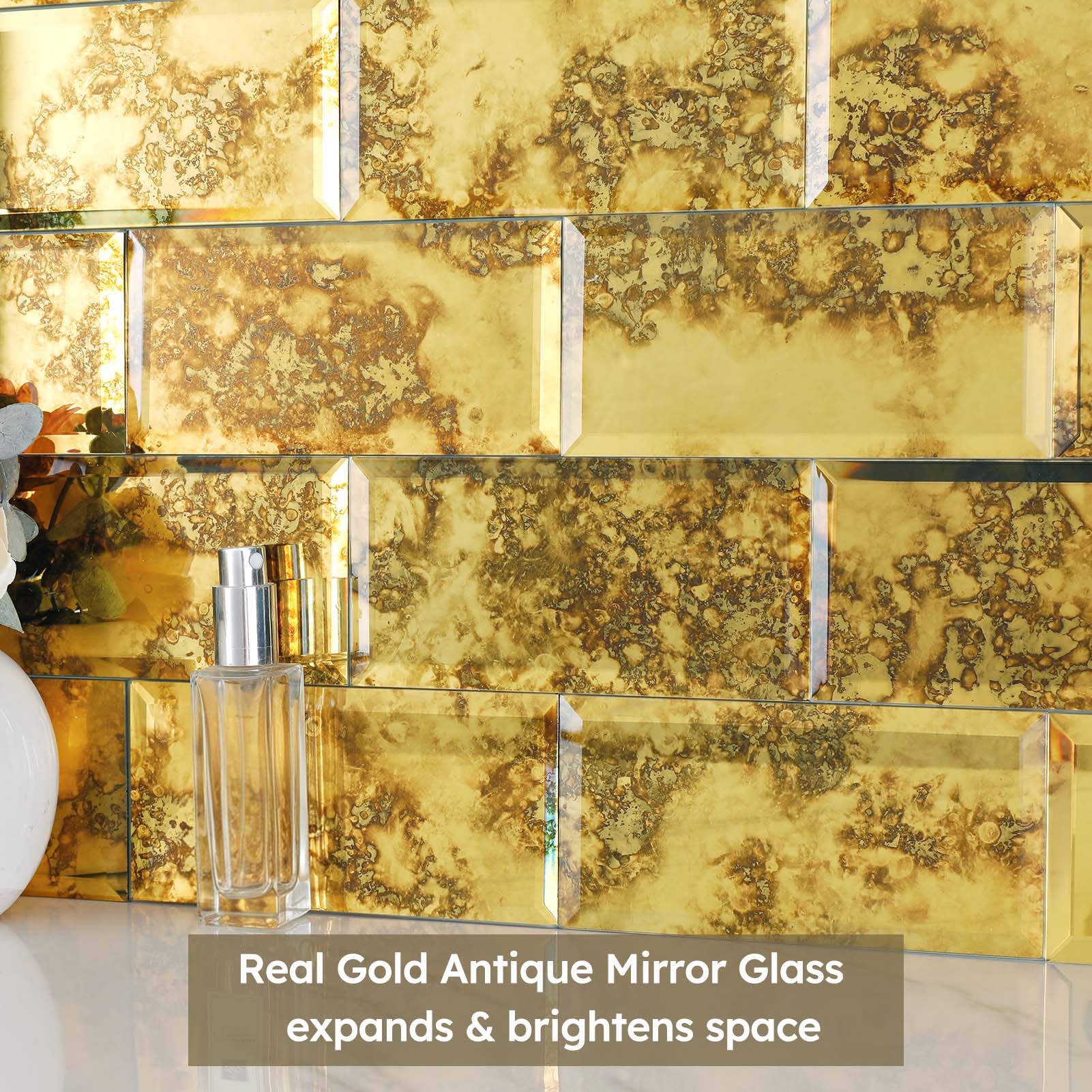 Diflart Peel and Stick Mirror Backsplash, Gold Antique, 3x6 Inch, Beveled Mirror Tiles for Kitchen Bar Accent Wall Tile