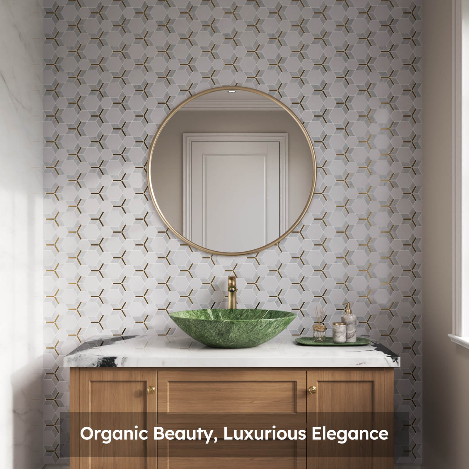Diflart Marble Mosaic Tile, Cloud Jade with Thassos White Inlay Gold Metal, Polished, Marble Backsplash Tiles for Kitchen Bathroom Wall Floor, Pack of 5 Sheets