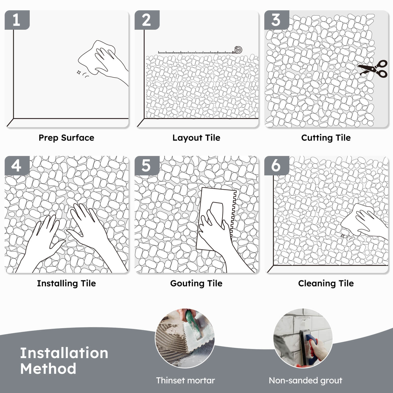 Diflart Stone Pebble Tile for Shower Floor, Carrara White Random, 4 Sheets