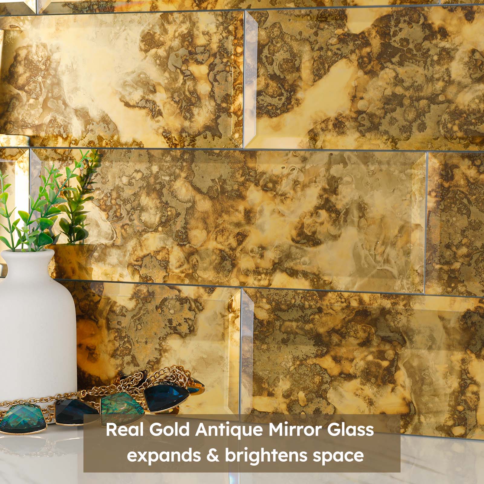 Diflart Peel and Stick Mirror Backsplash, Gold Antique, 4x12 Inch, Beveled Mirror Tiles for Kitchen Bar Accent Wall Tile