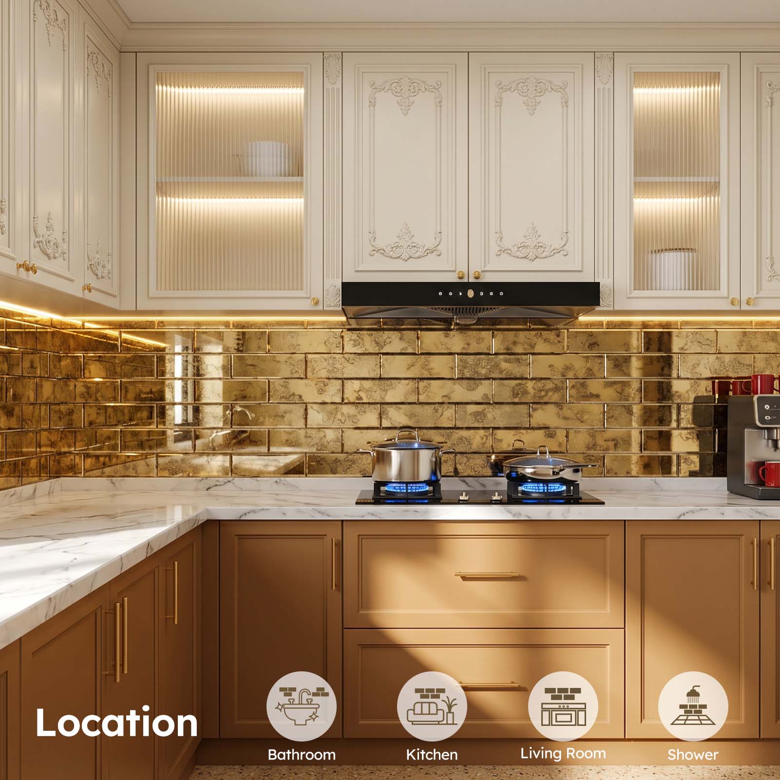 Diflart Peel and Stick Mirror Backsplash, Gold Antique, 4x12 Inch, Beveled Mirror Tiles for Kitchen Bar Accent Wall Tile