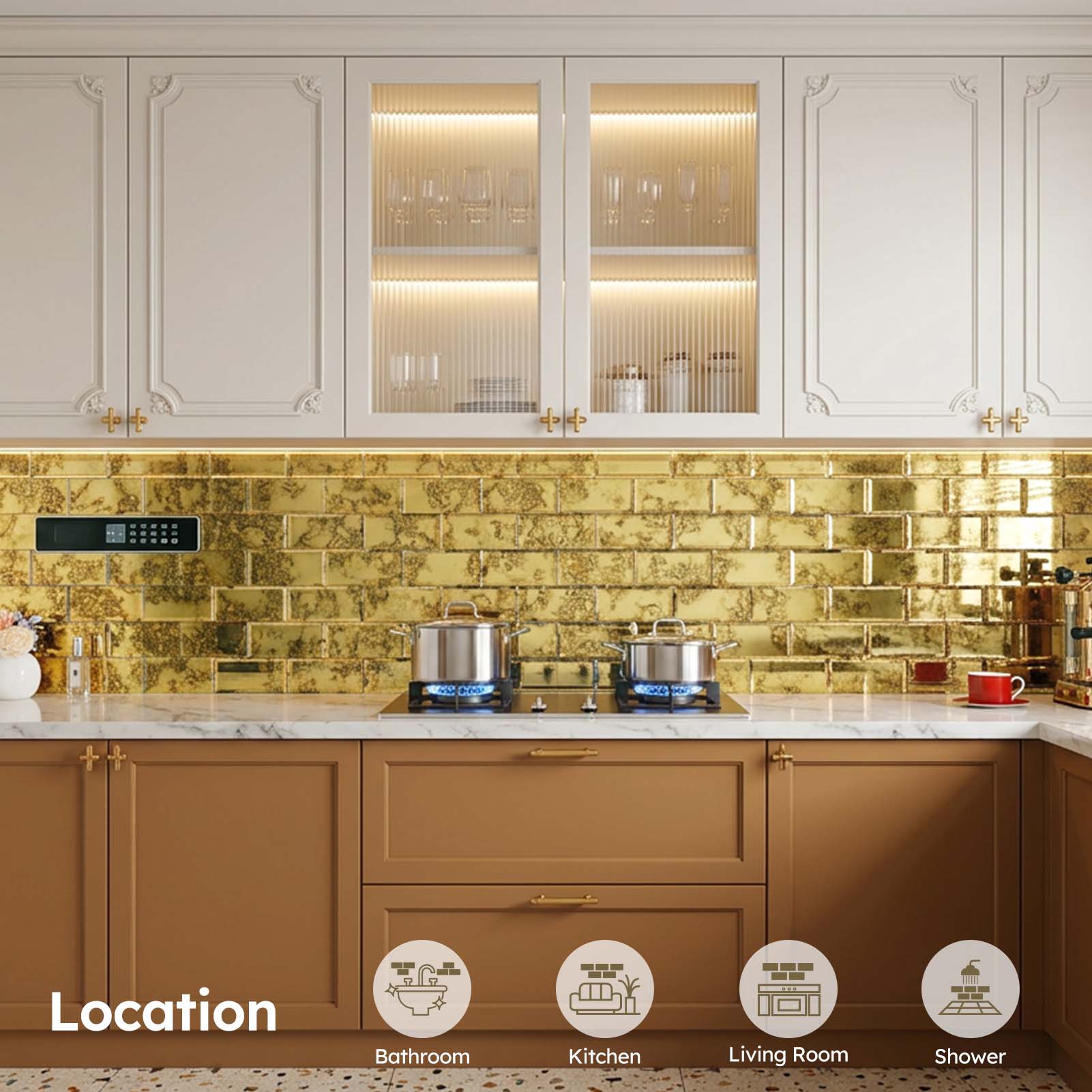 Diflart Peel and Stick Mirror Backsplash, Gold Antique, 3x6 Inch, Beveled Mirror Tiles for Kitchen Bar Accent Wall Tile